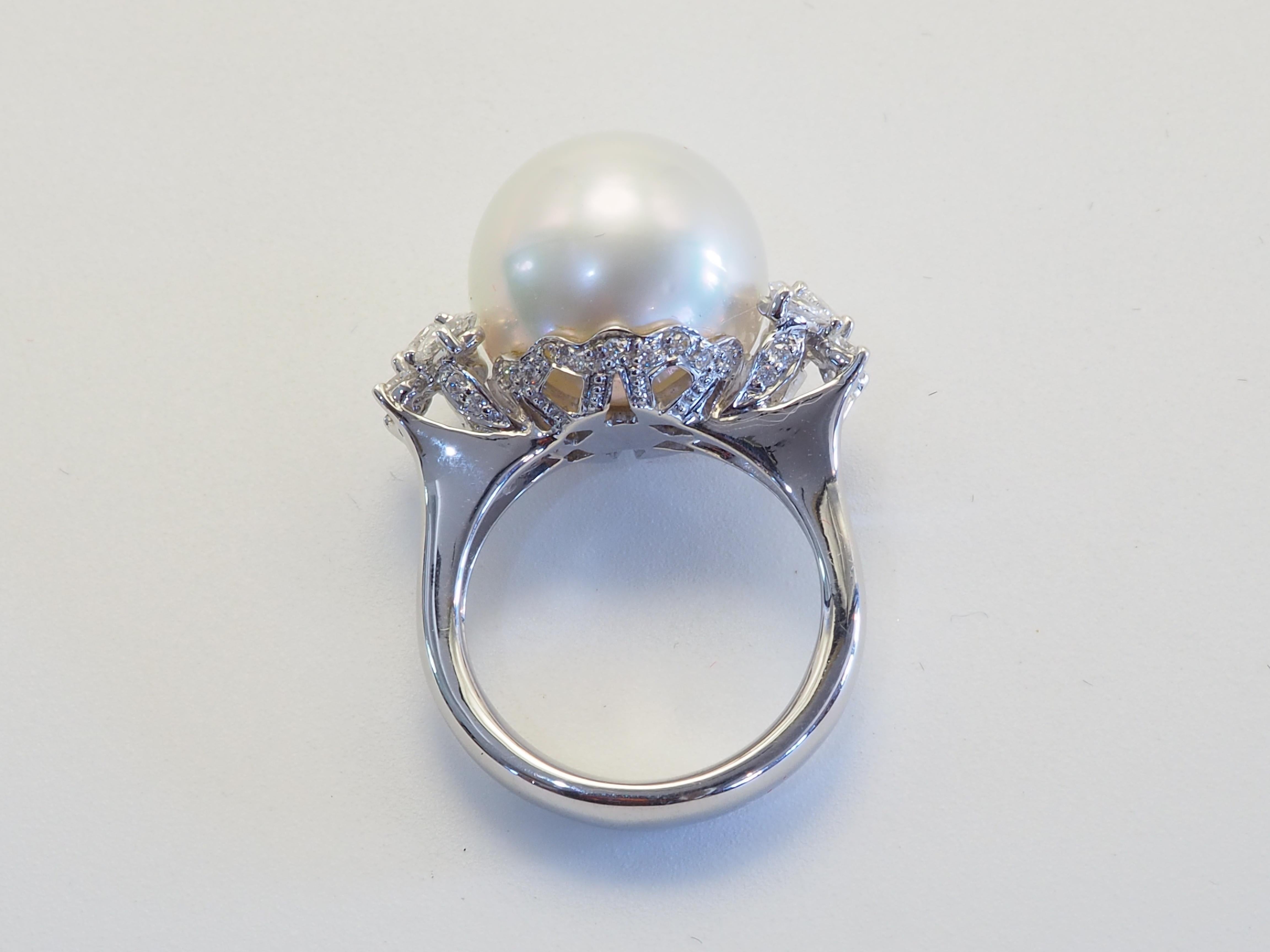 Women's 18K White Gold 14.7mm South Sea Pearl & 0.80ct Diamond Statement Fine Ring For Sale