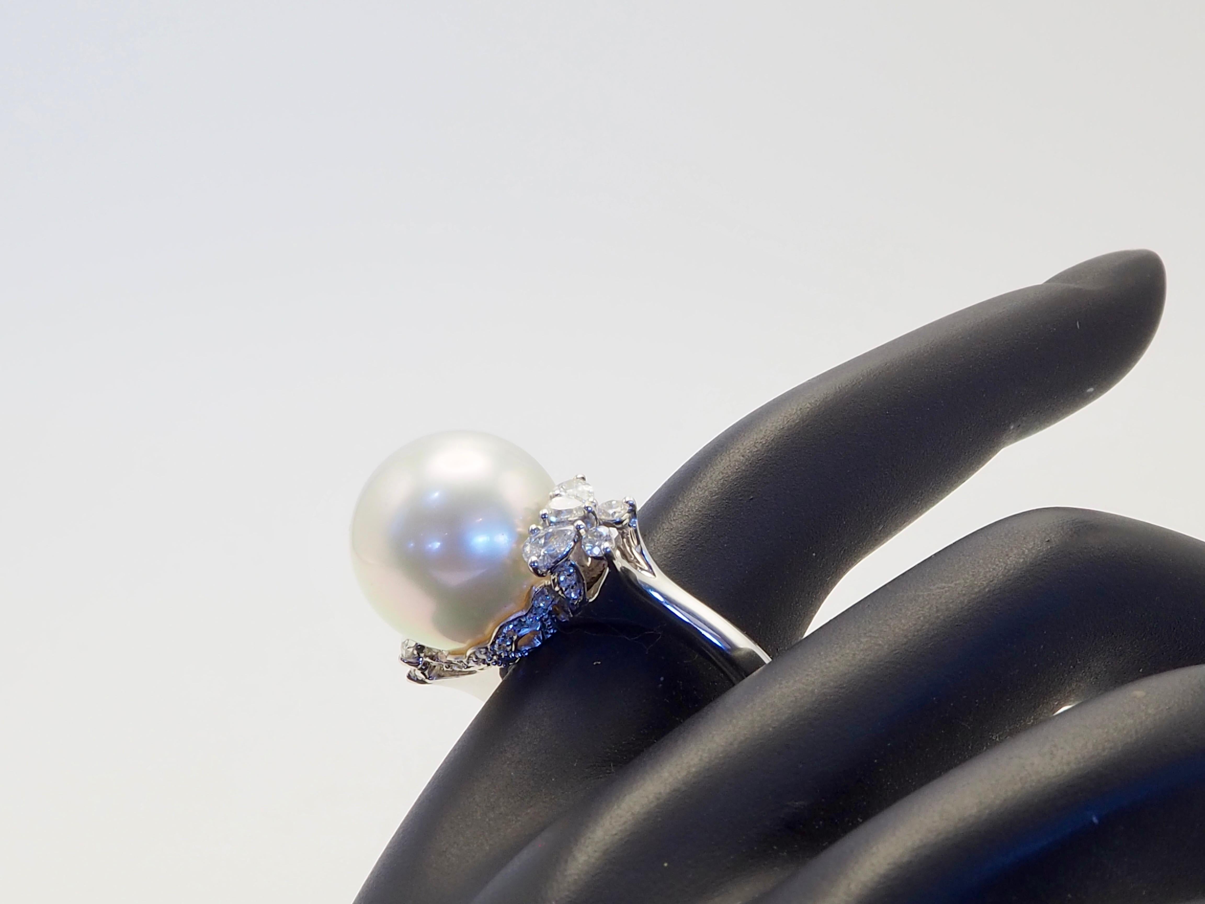 18K White Gold 14.7mm South Sea Pearl & 0.80ct Diamond Statement Fine Ring For Sale 2