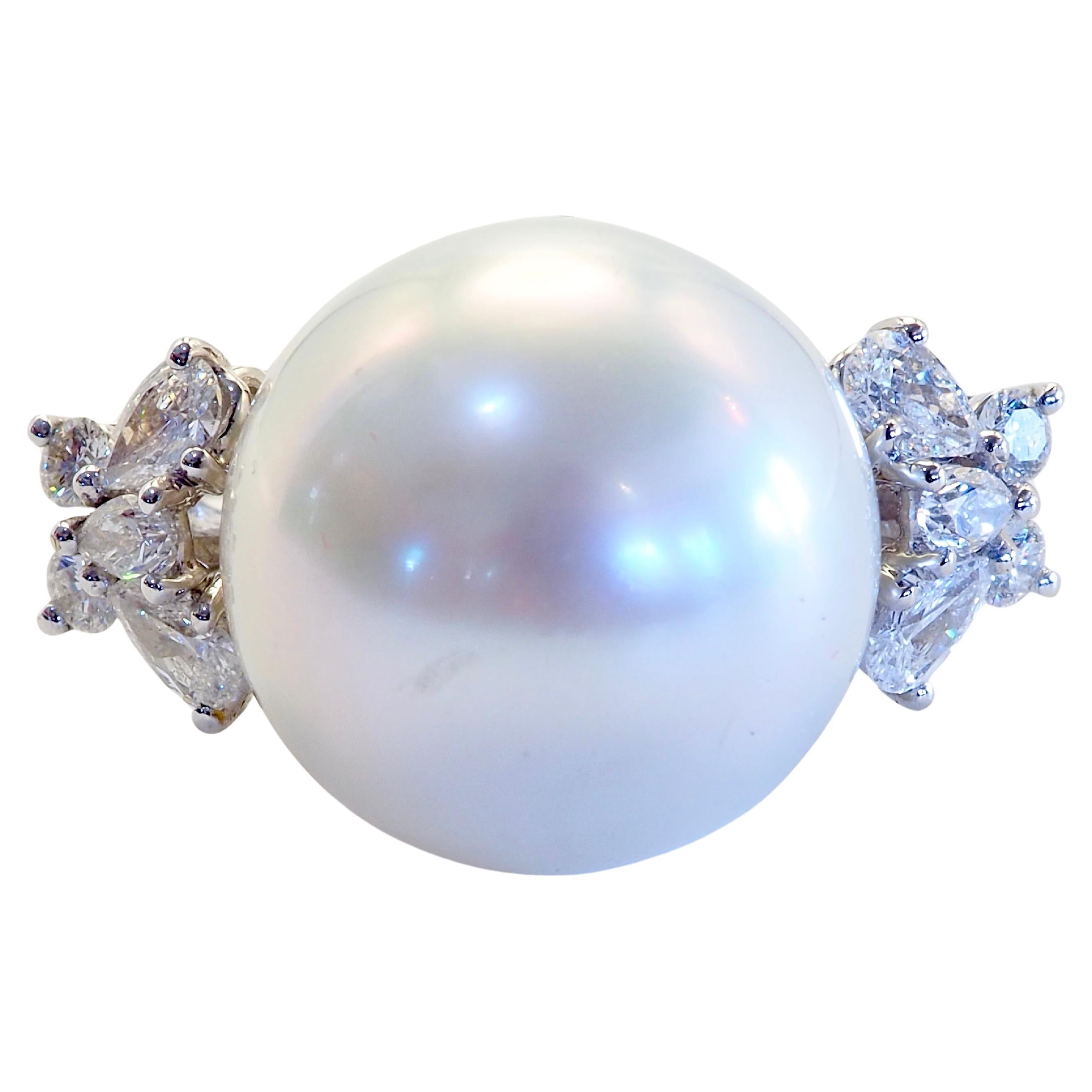 18K White Gold 14.7mm South Sea Pearl & 0.80ct Diamond Statement Fine Ring For Sale