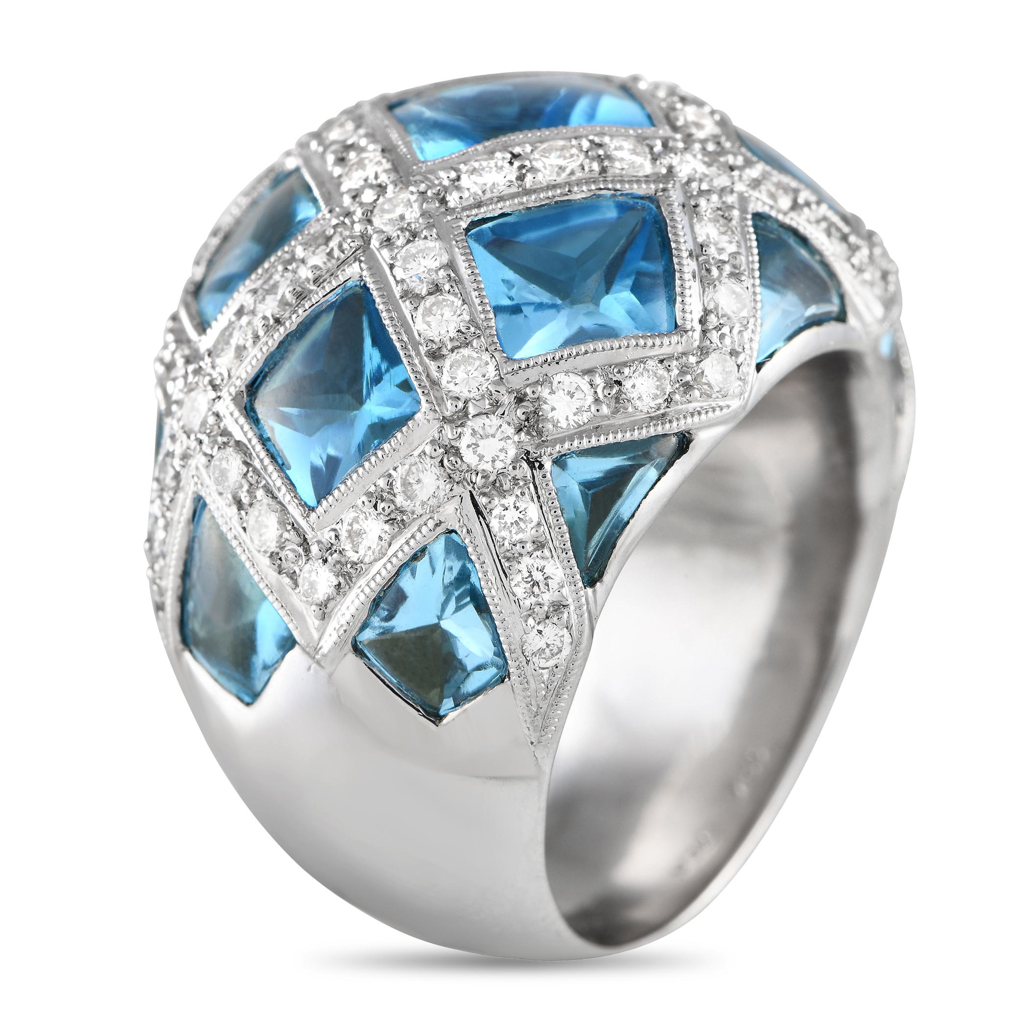 A dramatic 18K White Gold setting makes this ring truly captivating in design. Diamonds with a total weight of 1.48 carats add sparkle to the lattice pattern, which is beautifully complemented by 9.87 carats of blue Topaz gemstones. This