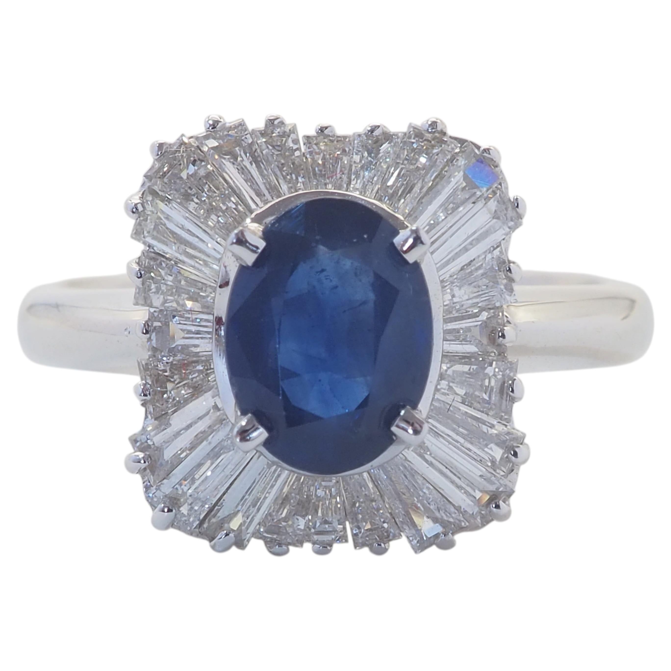 18K White Gold 1.48ct Oval Blue Sapphire & 0.88ct Baguette Diamond Cocktail Ring