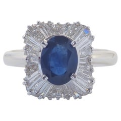 18K White Gold 1.48ct Oval Blue Sapphire & 0.88ct Baguette Diamond Cocktail Ring