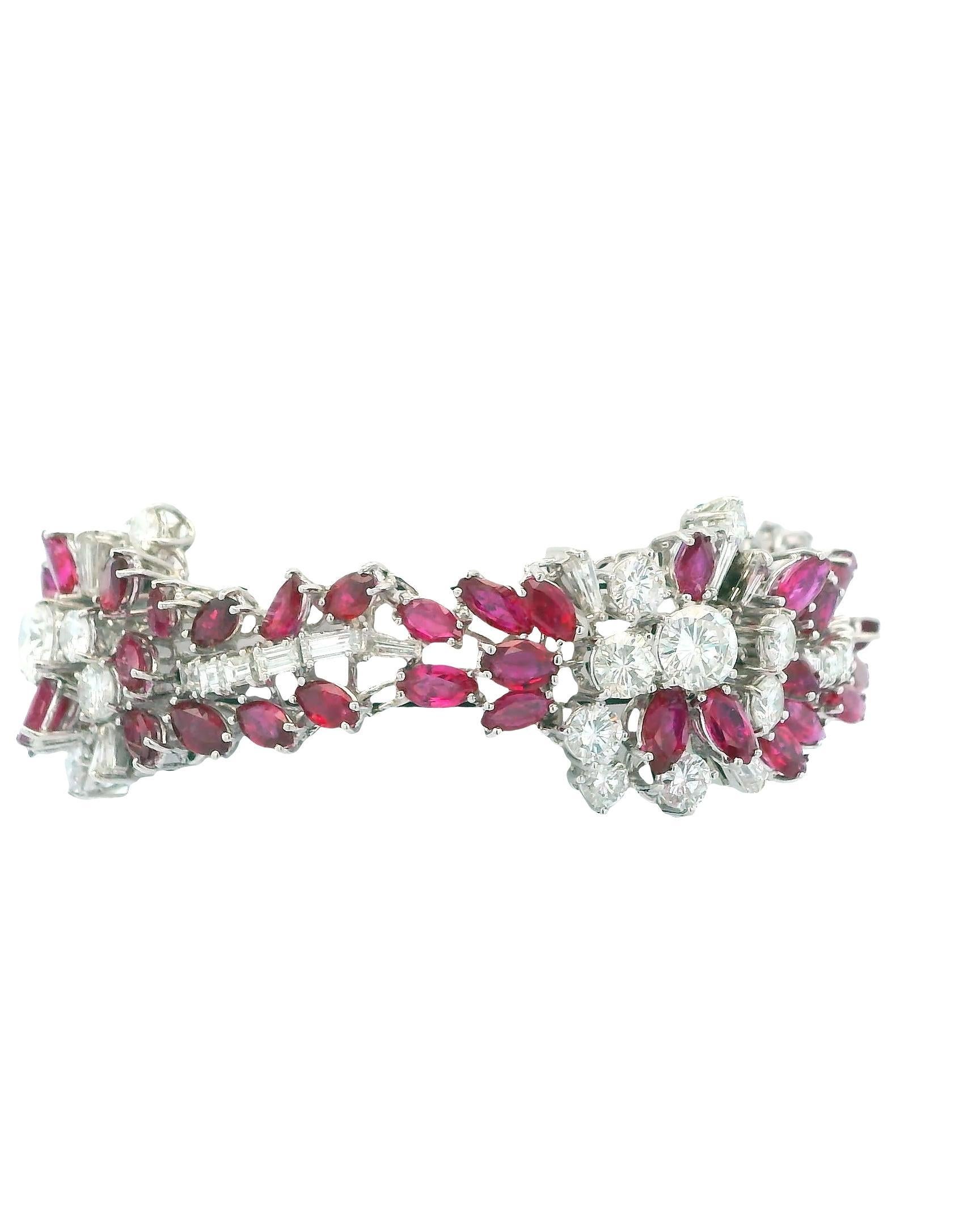 18K White Gold & 14ct Diamond and 19ct Rubies Midcentury Bracelet For Sale 6
