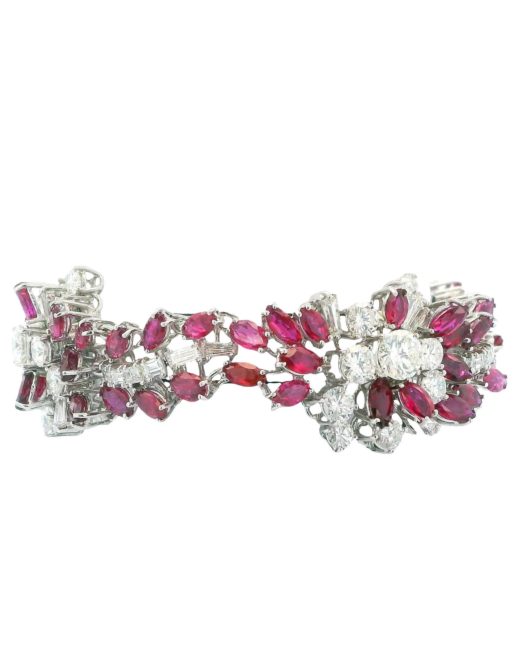 18K White Gold & 14ct Diamond and 19ct Rubies Midcentury Bracelet For Sale 7