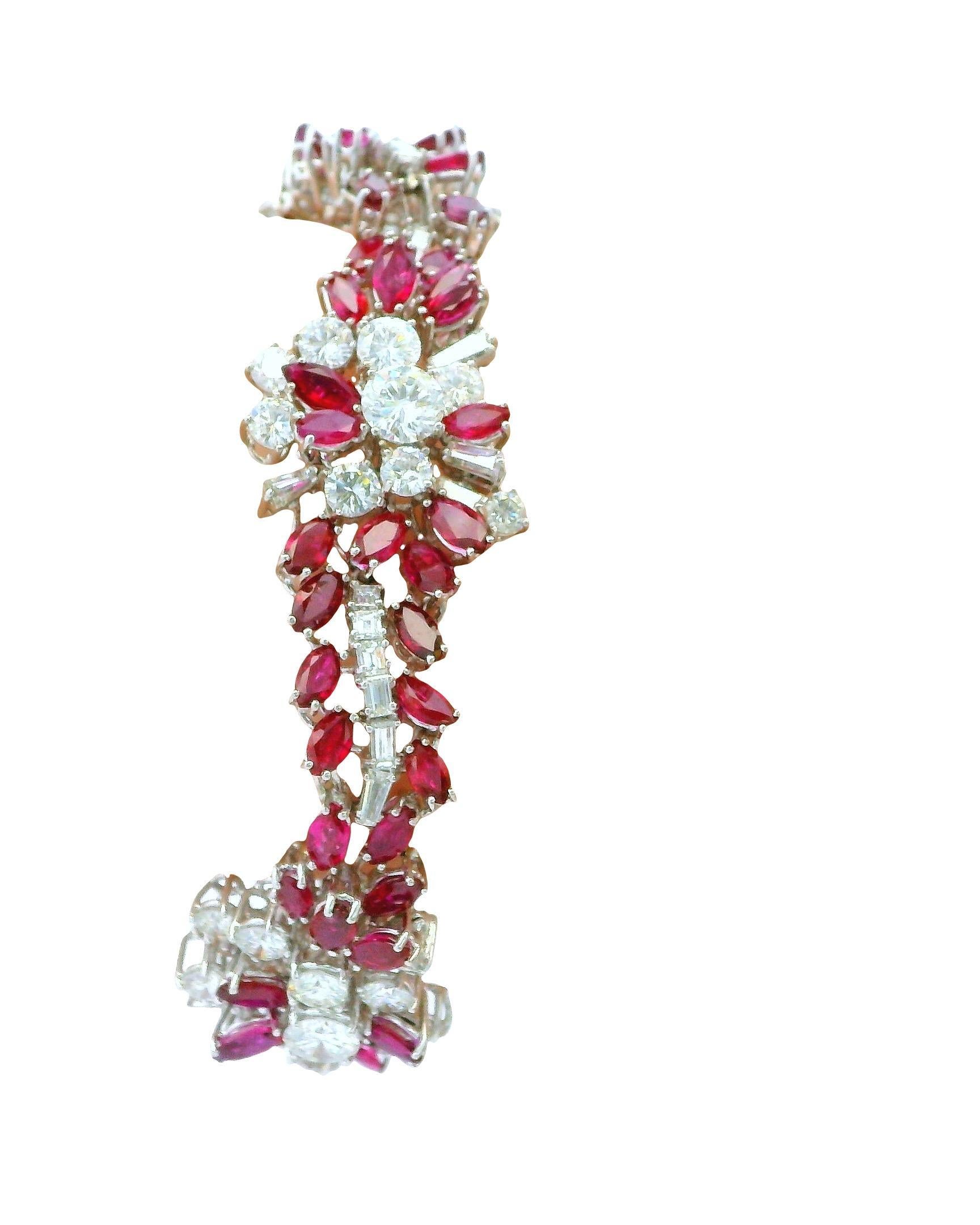 Women's or Men's 18K White Gold & 14ct Diamond and 19ct Rubies Midcentury Bracelet For Sale