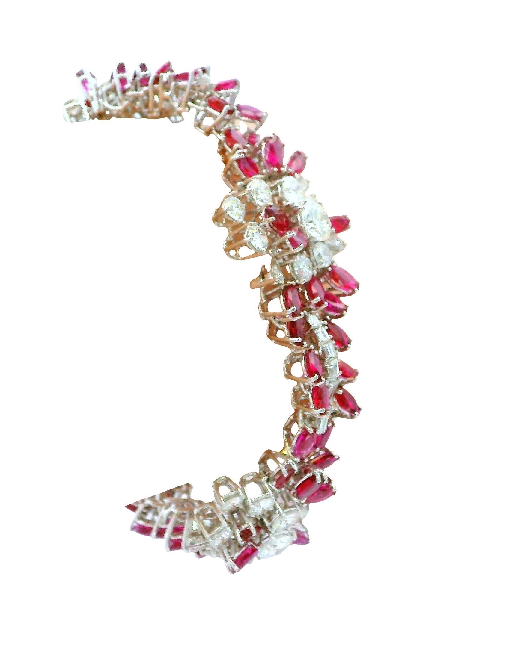 18K White Gold & 14ct Diamond and 19ct Rubies Midcentury Bracelet For Sale 1