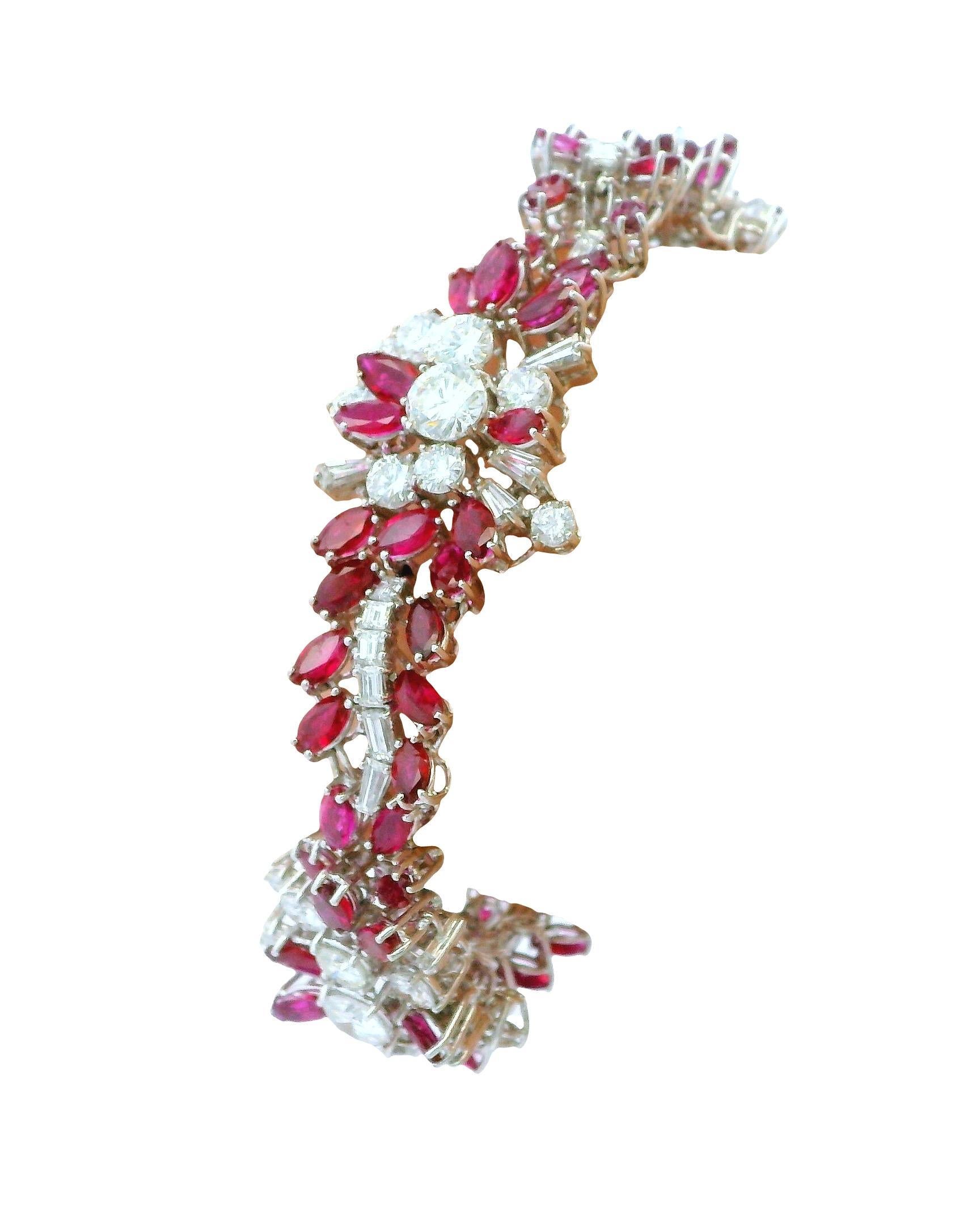18K White Gold & 14ct Diamond and 19ct Rubies Midcentury Bracelet For Sale 2