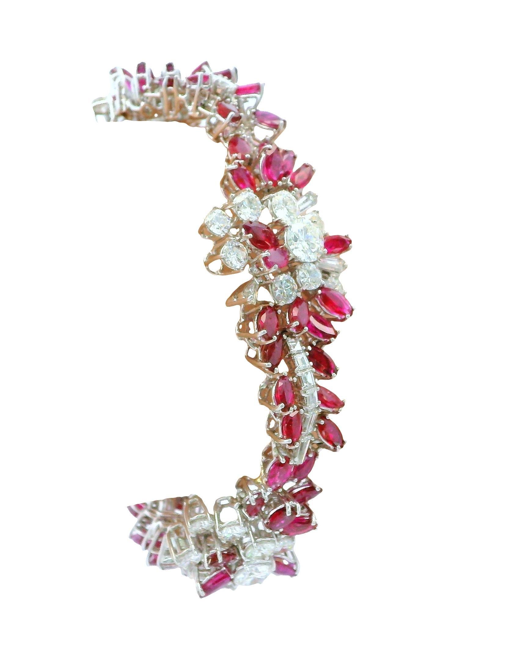 18K White Gold & 14ct Diamond and 19ct Rubies Midcentury Bracelet For Sale 3