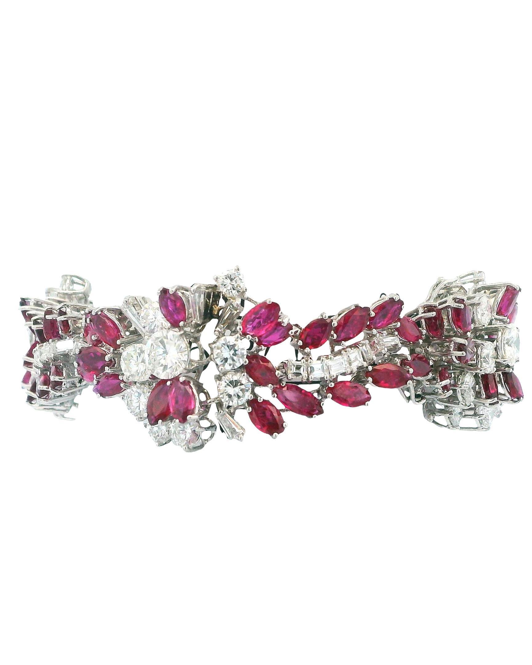 18K White Gold & 14ct Diamond and 19ct Rubies Midcentury Bracelet For Sale 5