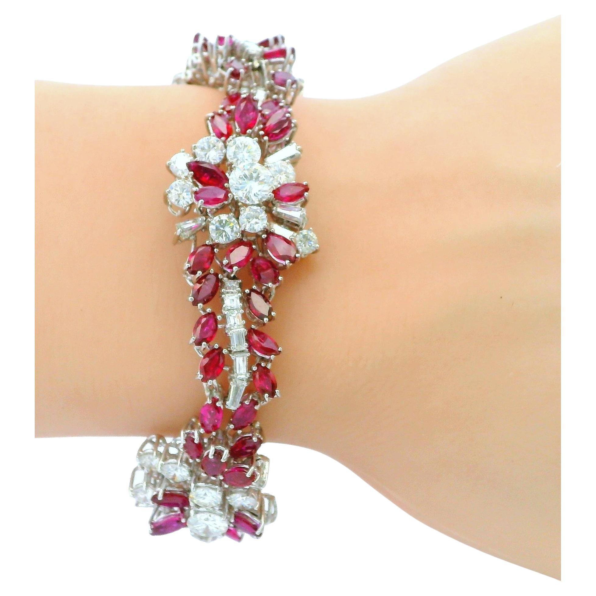 18K White Gold & 14ct Diamond and 19ct Rubies Midcentury Bracelet For Sale