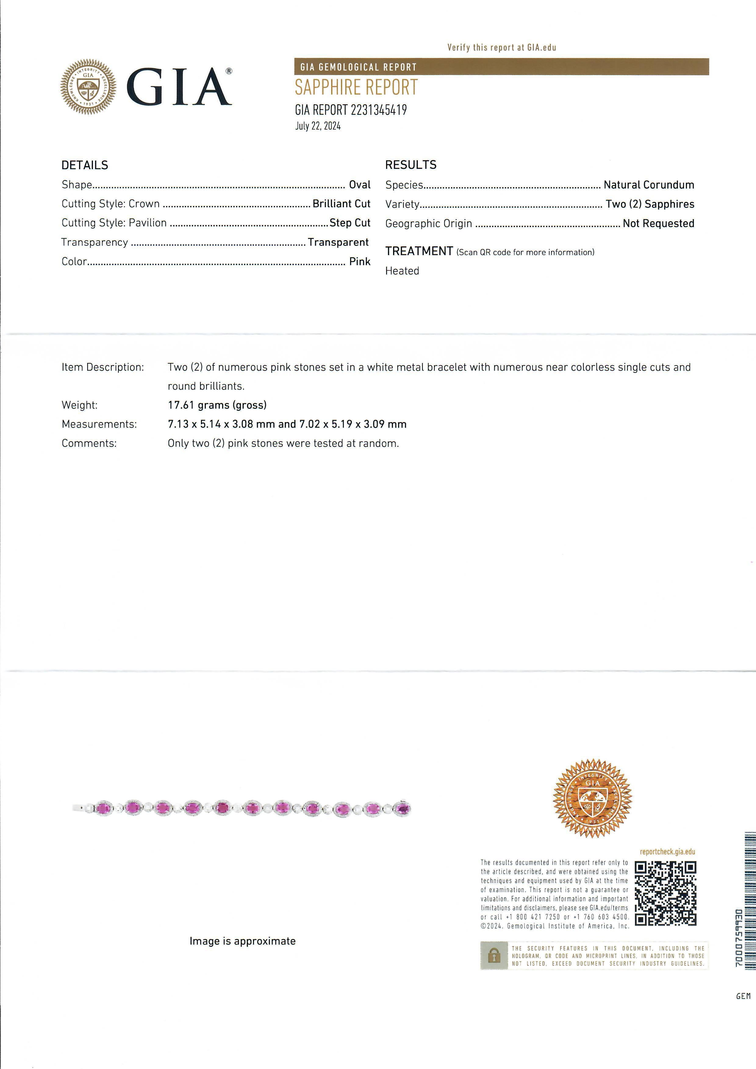 18k White Gold 14ctw GIA Oval Vivid Oval Pink Sapphire & Diamond Line Bracelet In Excellent Condition For Sale In Montclair, NJ