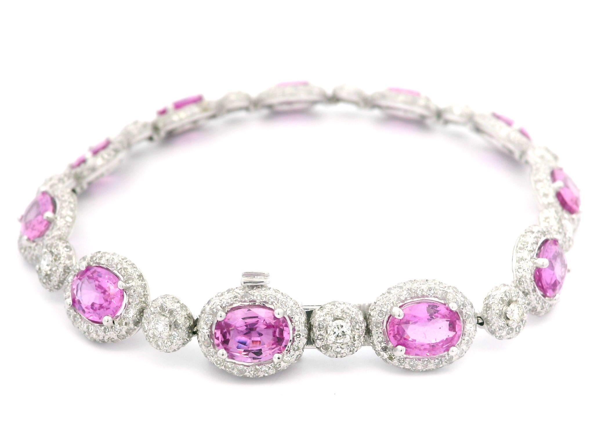 18k White Gold 14ctw GIA Oval Vivid Oval Pink Sapphire & Diamond Line Bracelet For Sale 1