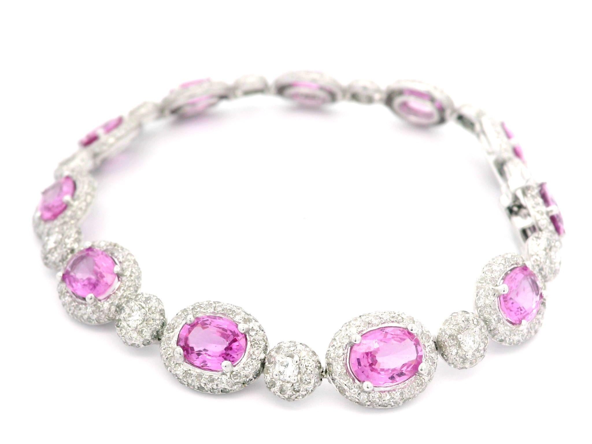 18k White Gold 14ctw GIA Oval Vivid Oval Pink Sapphire & Diamond Line Bracelet For Sale 2
