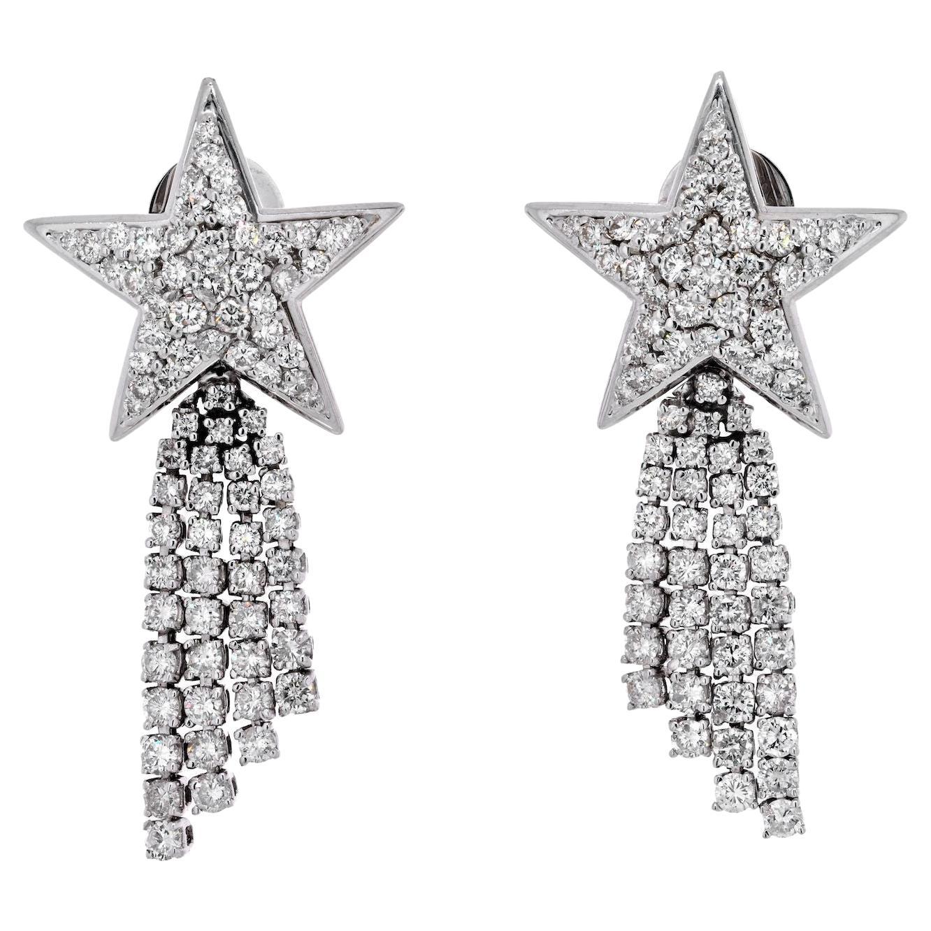 18K White Gold 15 Carat Large Diamond Star Dangling Earrings