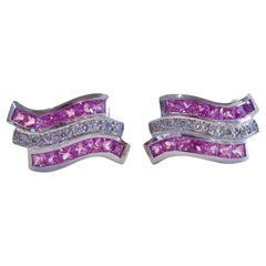 18K White Gold 1.50ct Squared Pink Sapphires & 0.12ct Diamond Latch Earrings