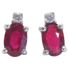 18k White Gold 1.50ct Vivid Red Oval Ruby & 0.05ct Diamond Stud Earrings