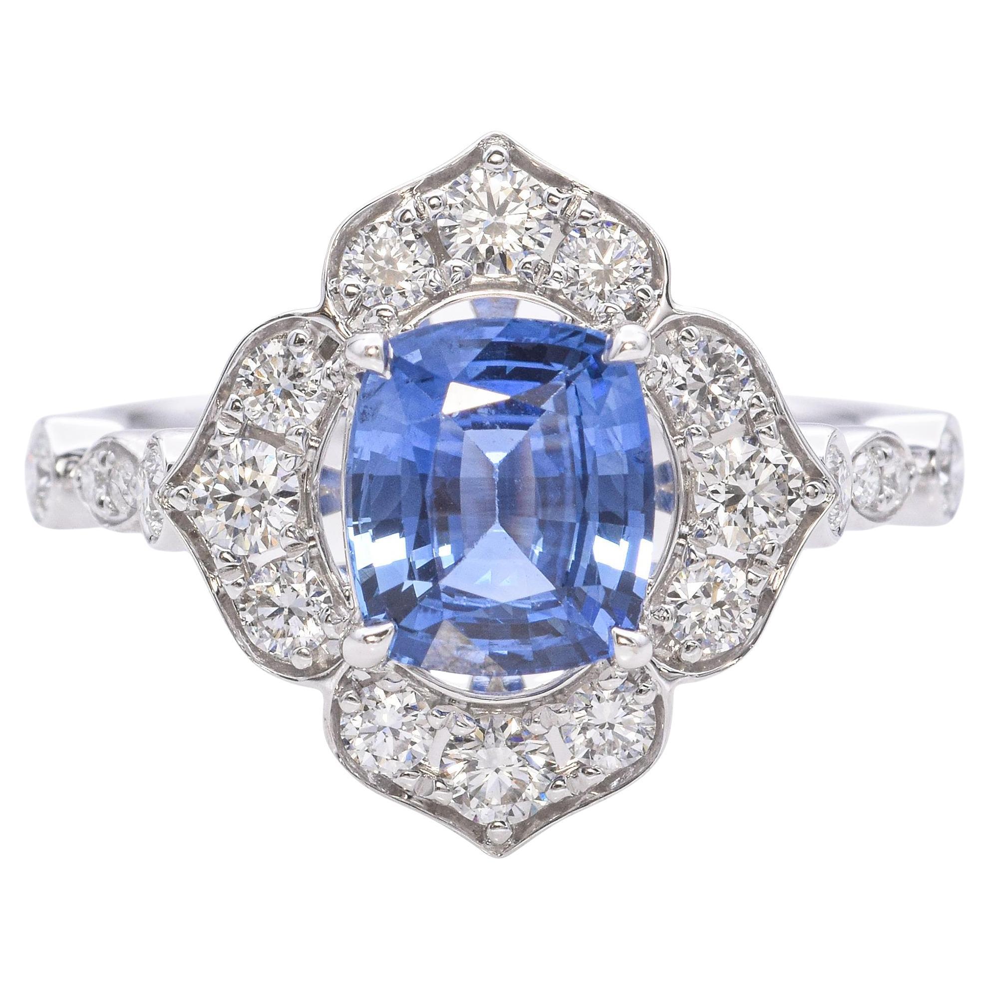 18k White Gold 1.51ct Ceylon Blue Sapphire and Diamond Ring GIA