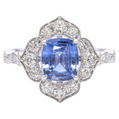 Anello in oro bianco 18 carati con zaffiro blu di Ceylon e diamanti da 1,51 carati GIA