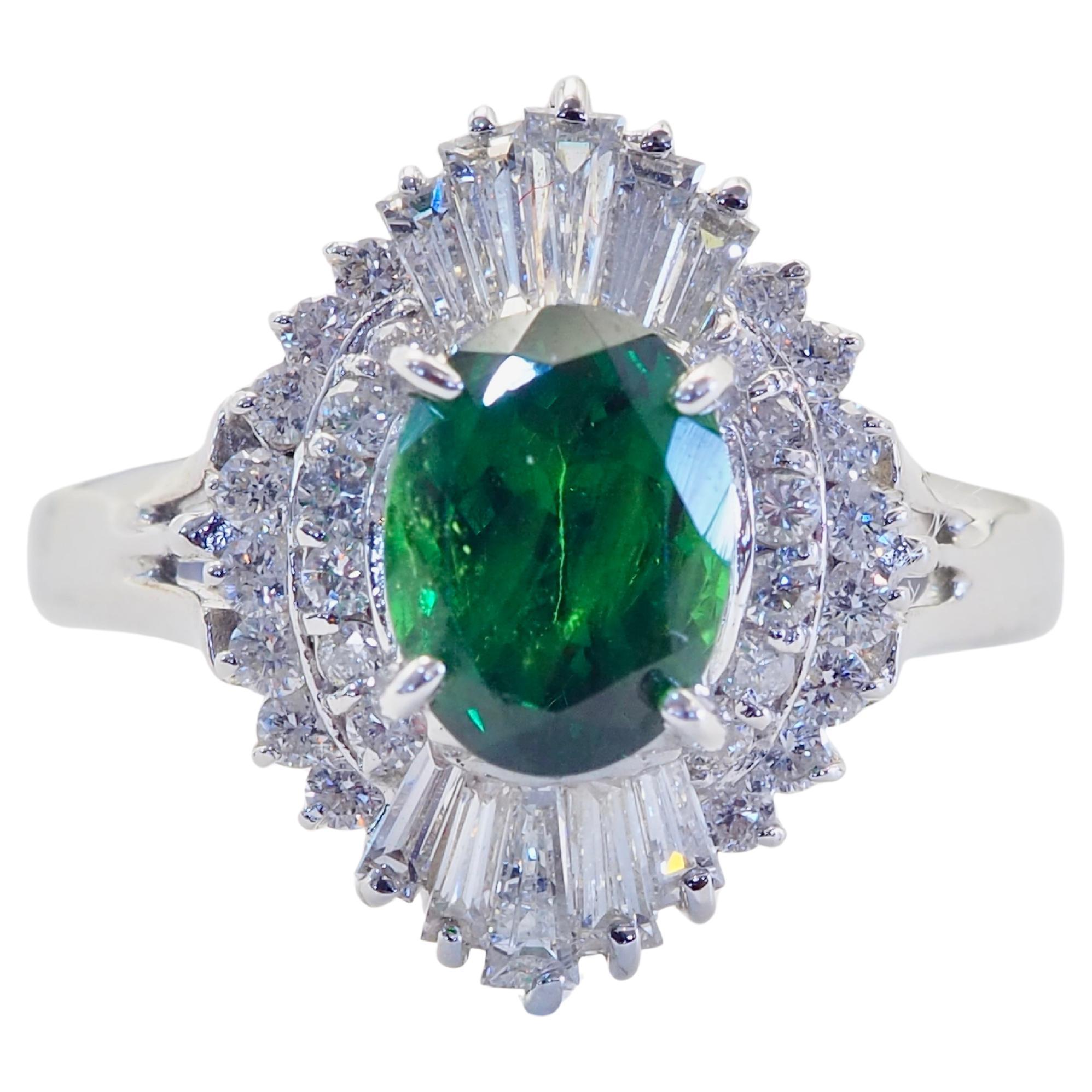 Anello Ballerina in oro bianco 18 carati con tsavorite ovale verde vivo da 1,51 carati e diamante da 0,62 carati in vendita