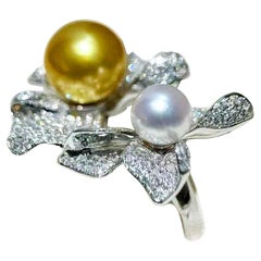 【Vine Symphony】Moon & Sun Bloom Aurora South Sea & Akoya Pearl Diamond Ring