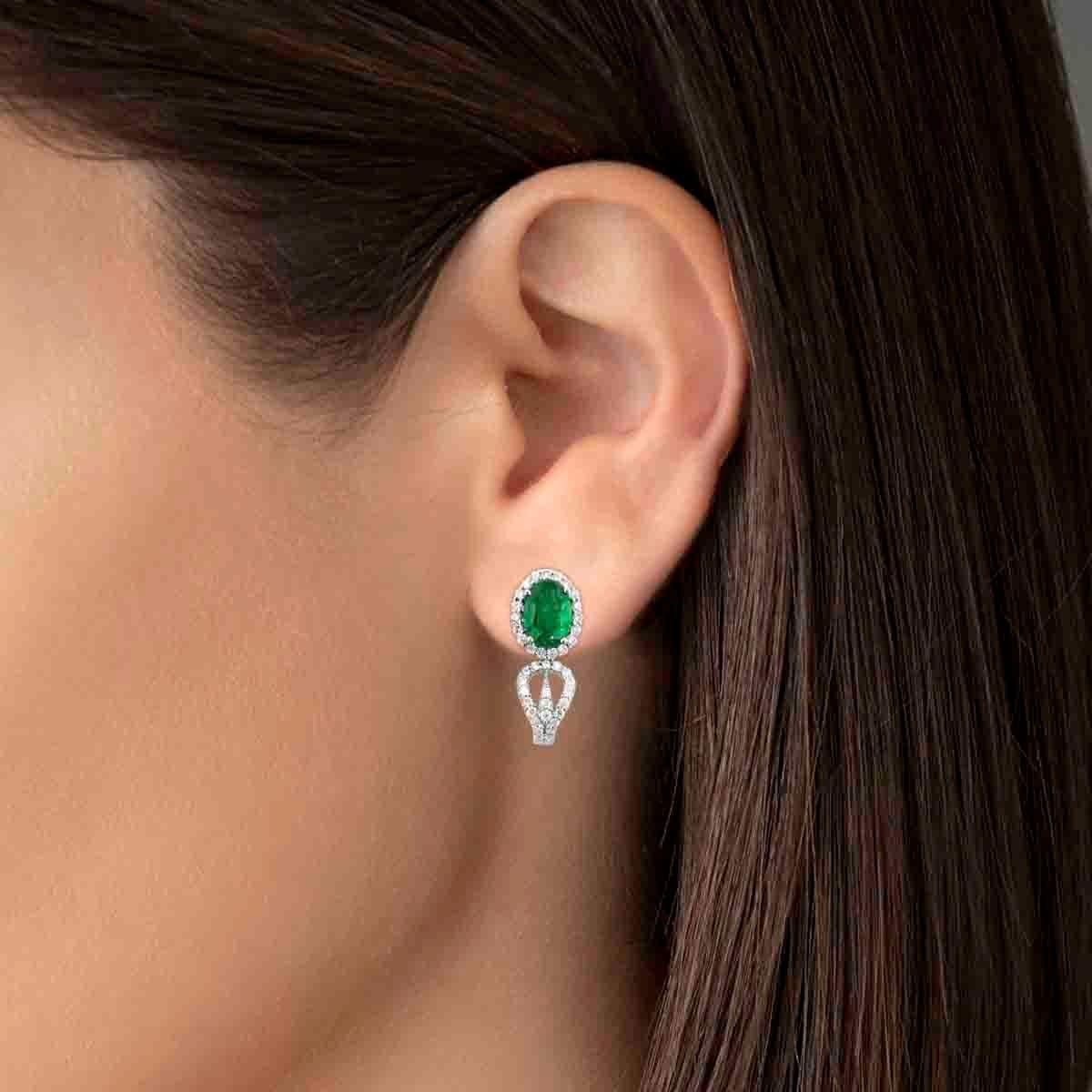 Women's 18K White Gold 1.52cts Emerald and Diamond Earring. Style# TS1023E