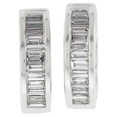 18k White Gold 1.52ctw Channel Set Baguette Cut Diamond Huggie Hoop Earrings