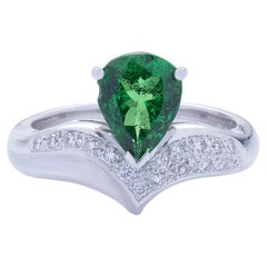 18k White Gold 1.53 Carat Pear Tsavorite Garnet &0.20ct Diamond Engagement Ring