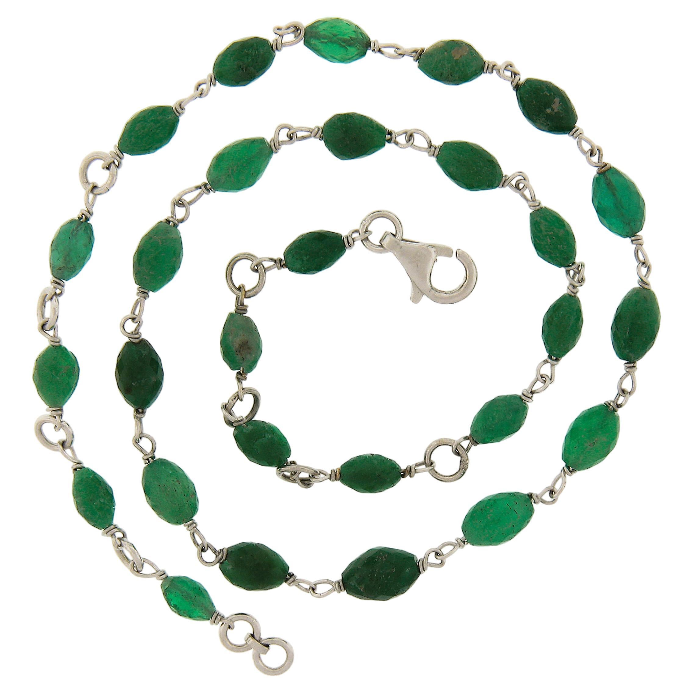 18k White Gold 15.5" Faceted Barrel Bead GIA Green Emerald Choker Necklace For Sale