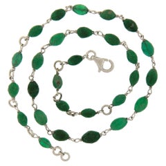 18k White Gold 15.5" Faceted Barrel Bead GIA Green Emerald Choker Necklace