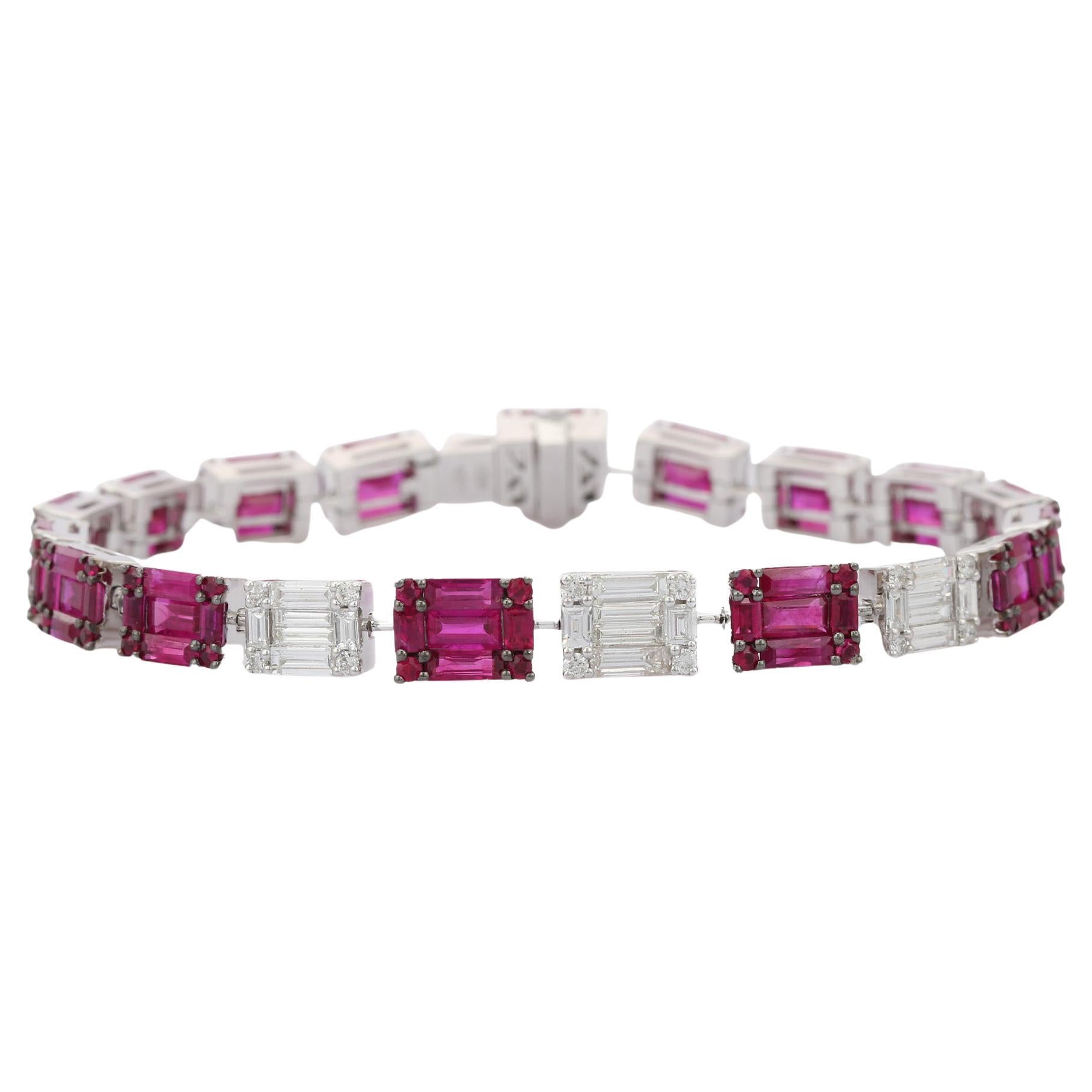 18K White Gold 15.54 Carat Baguette Cut Ruby and Diamond Wedding Bracelet For Sale