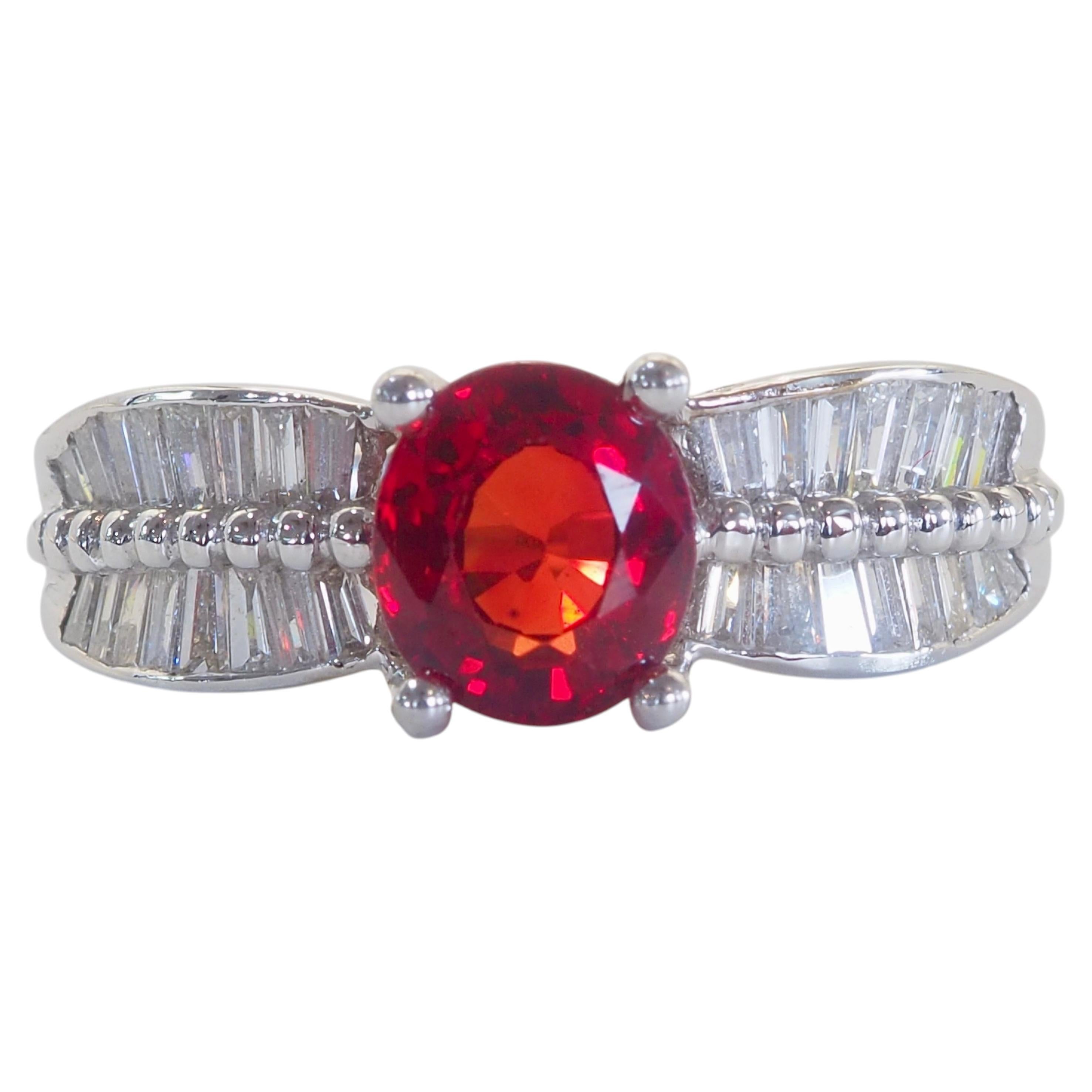 18K White Gold 1.55ct Oval Orange Sapphire & 0.55ct Baguette Diamond Ring