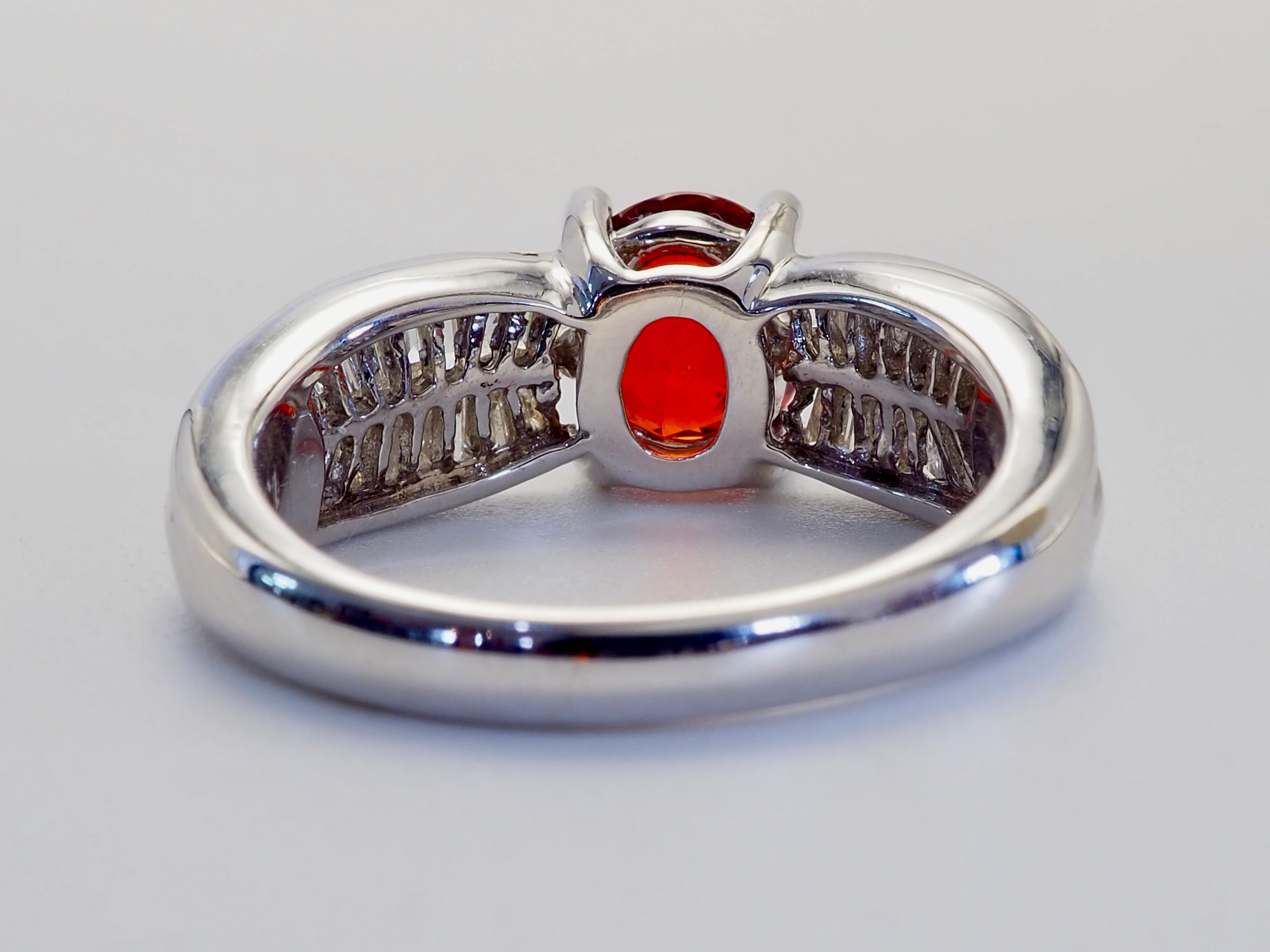 Oval Cut 18K White Gold 1.55ct Sparkling Orange Sapphire & 0.55ct Baguette Diamond Ring For Sale