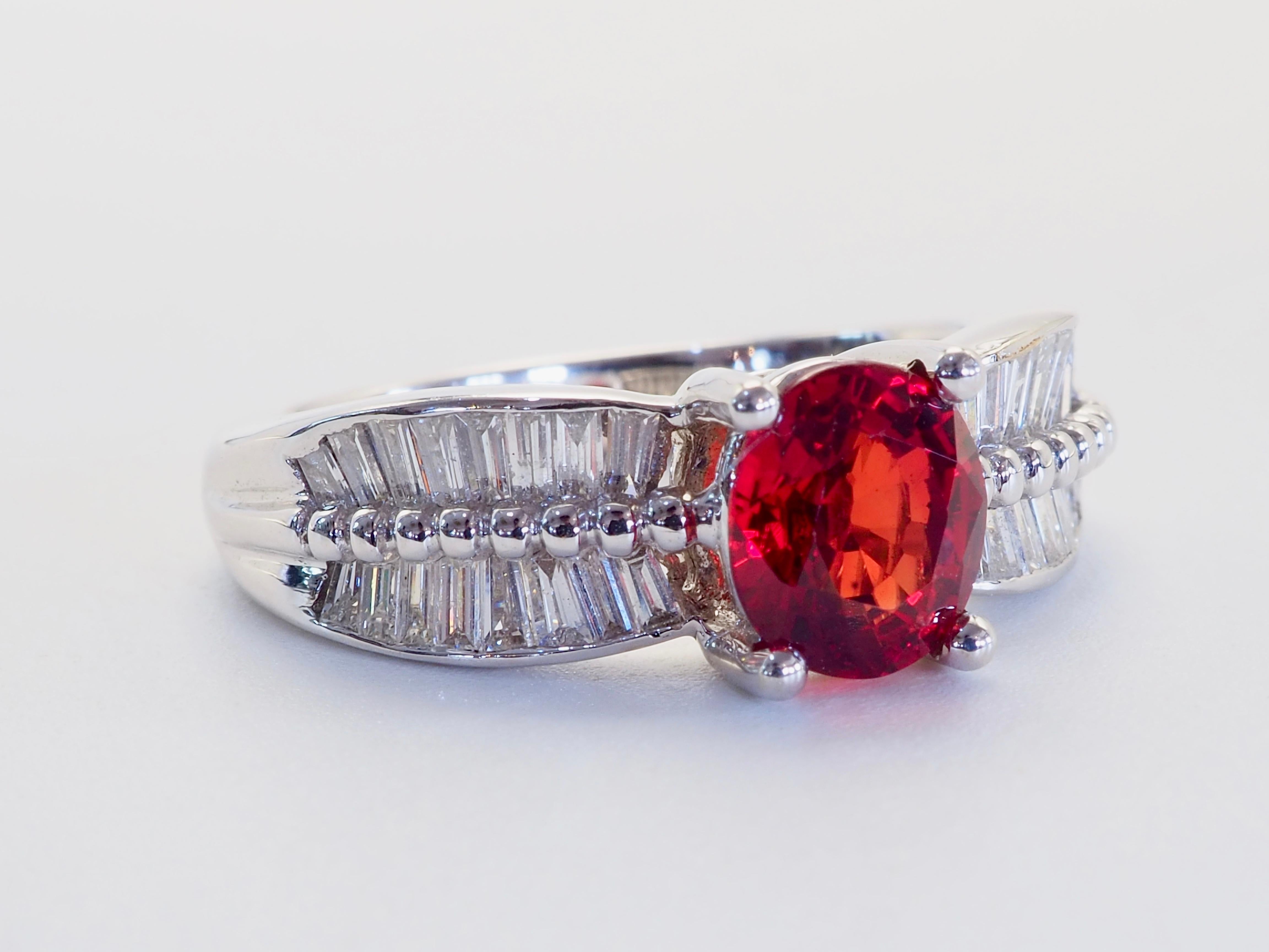 Women's 18K White Gold 1.55ct Sparkling Orange Sapphire & 0.55ct Baguette Diamond Ring For Sale
