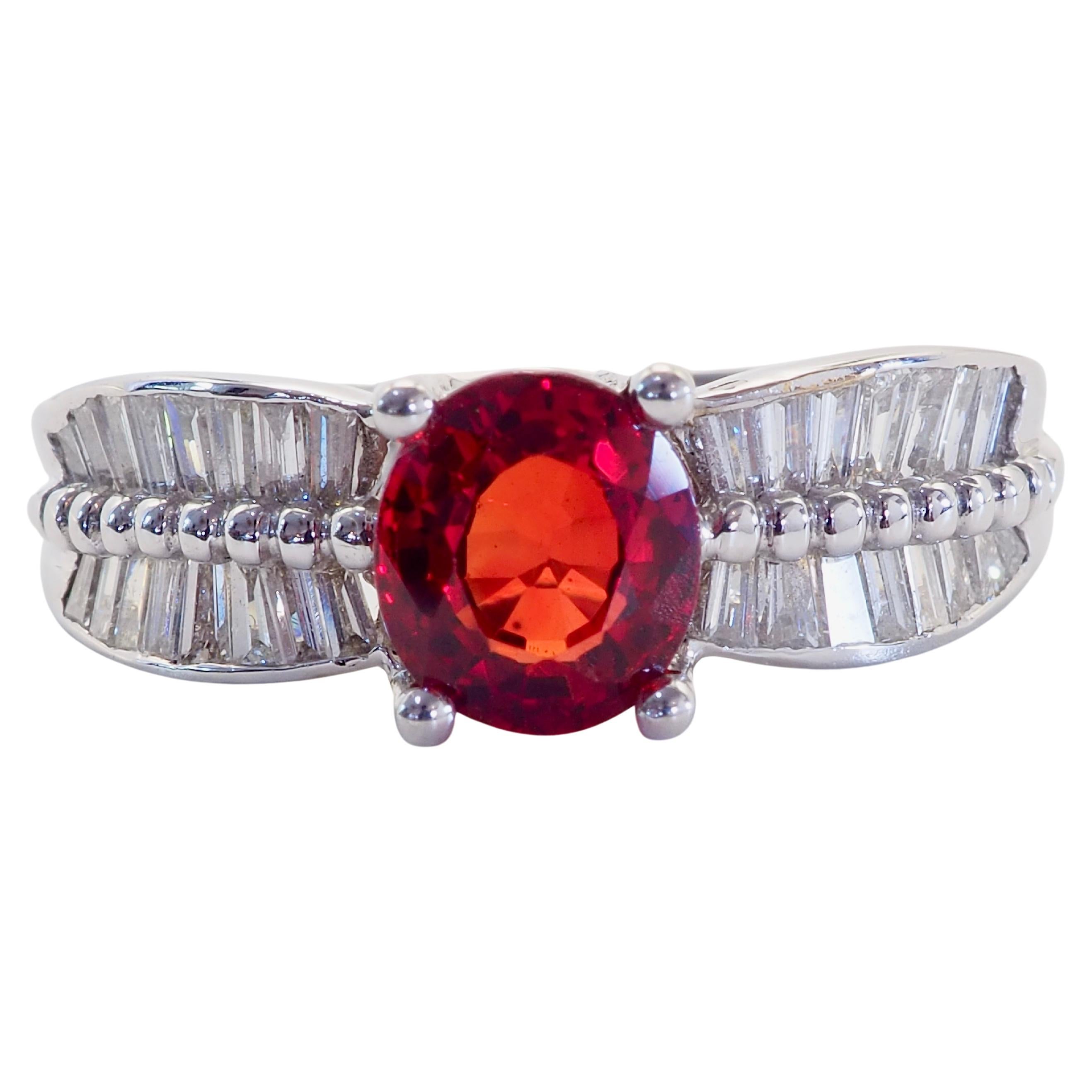 18K White Gold 1.55ct Sparkling Orange Sapphire & 0.55ct Baguette Diamond Ring