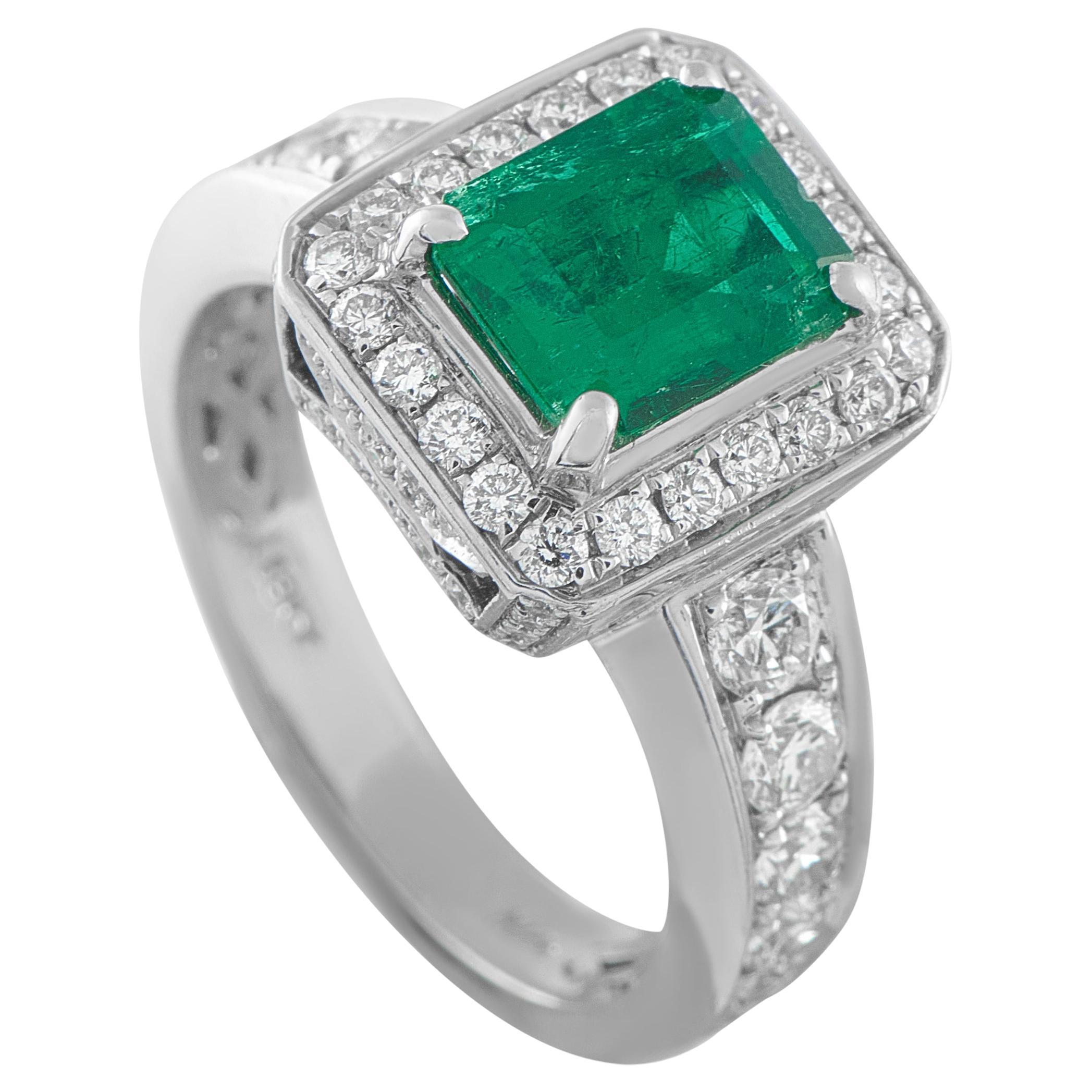 18K White Gold 1.56ct Diamond and Colombian Emerald Ring MF11-021826 For Sale