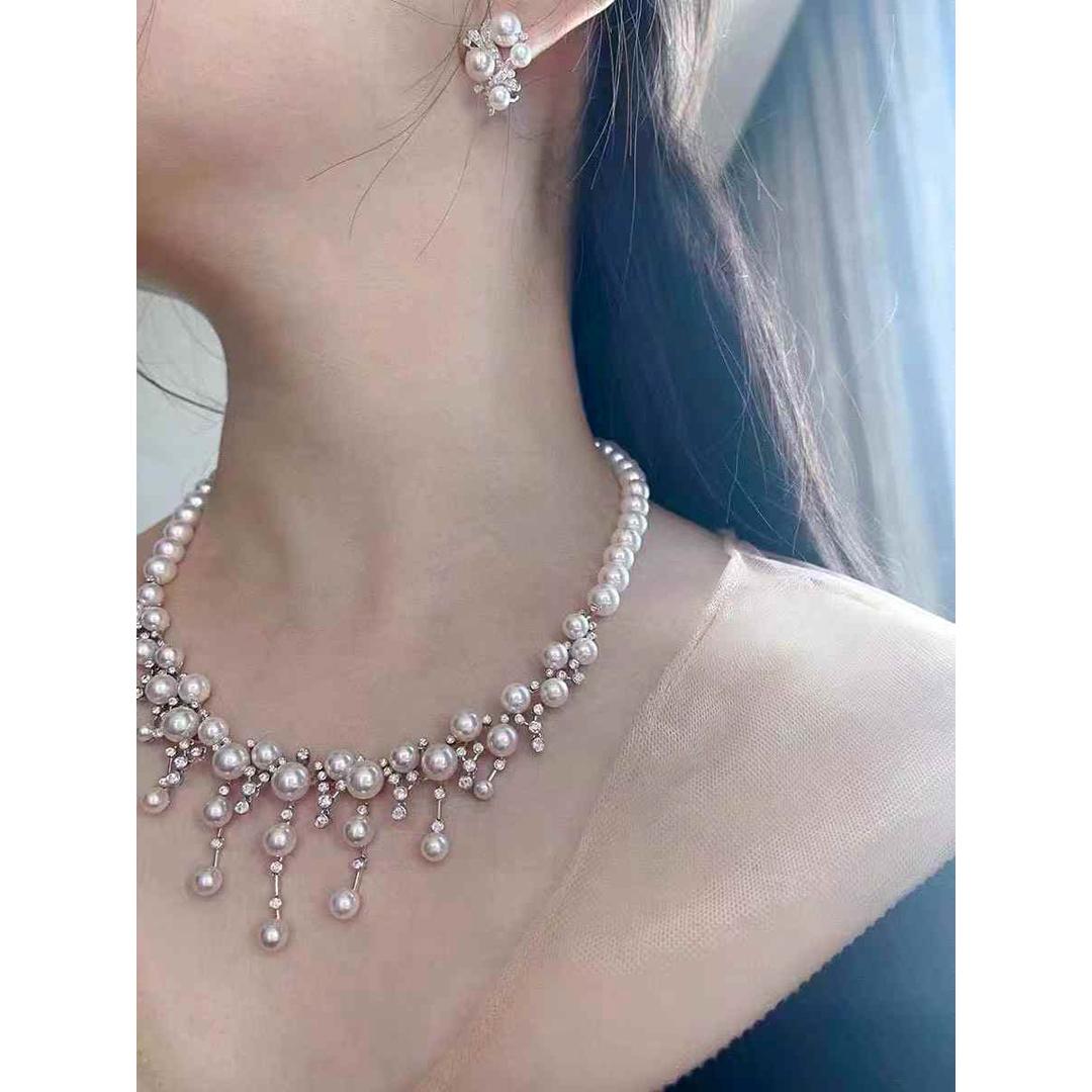 Uncut 【Lustre Arc】Celestial Cascade Aurora Akoya Pearl Diamond Necklace For Sale