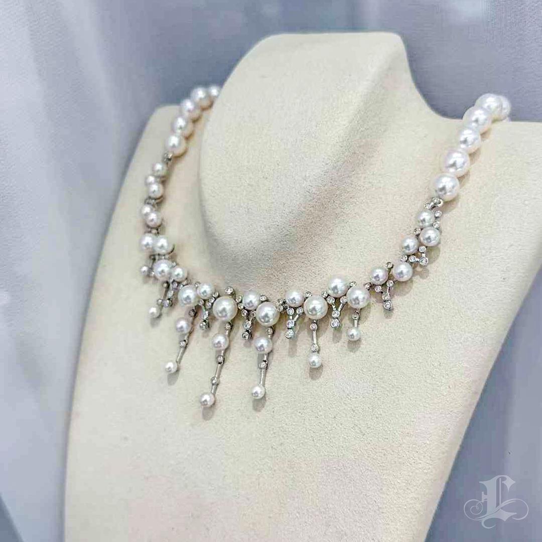 Women's 【Lustre Arc】Celestial Cascade Aurora Akoya Pearl Diamond Necklace For Sale