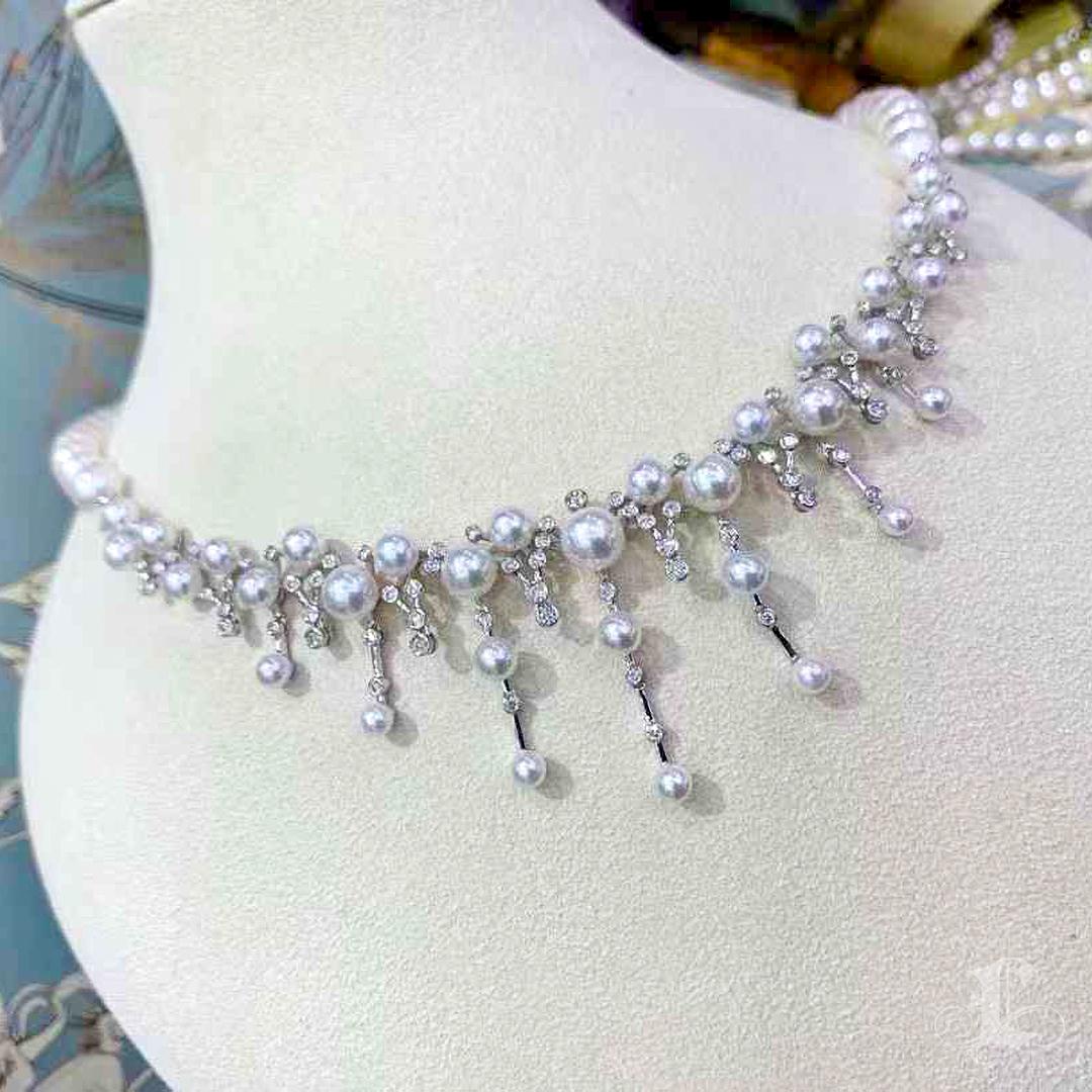 【Lustre Arc】Celestial Cascade Aurora Akoya Pearl Diamond Necklace For Sale 3