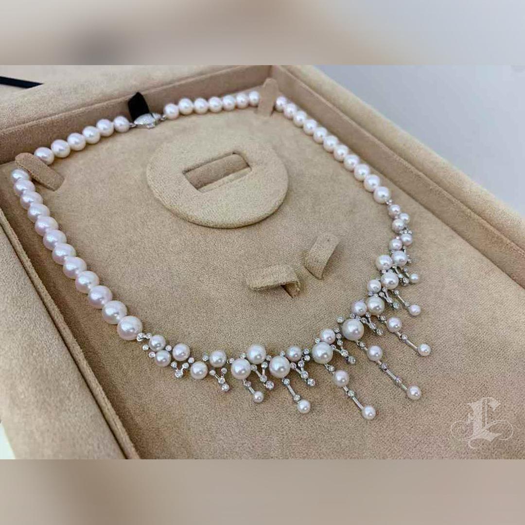 【Lustre Arc】Celestial Cascade Aurora Akoya Pearl Diamond Necklace For Sale 4