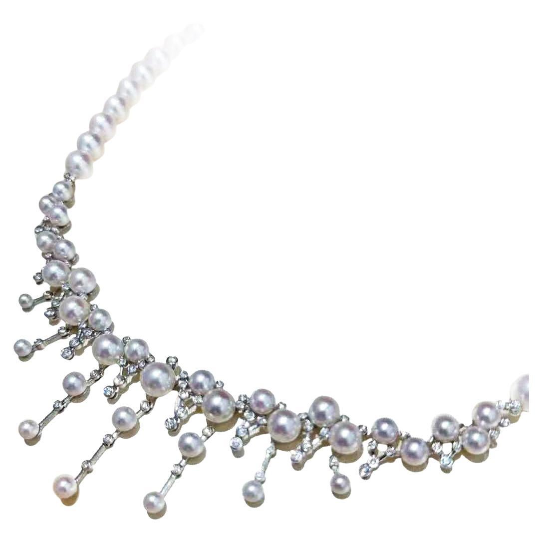 【Lustre Arc】Celestial Cascade Aurora Akoya Pearl Diamond Necklace For Sale