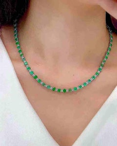 18K White Gold 15ct Emerald Diamond Tennis Necklace