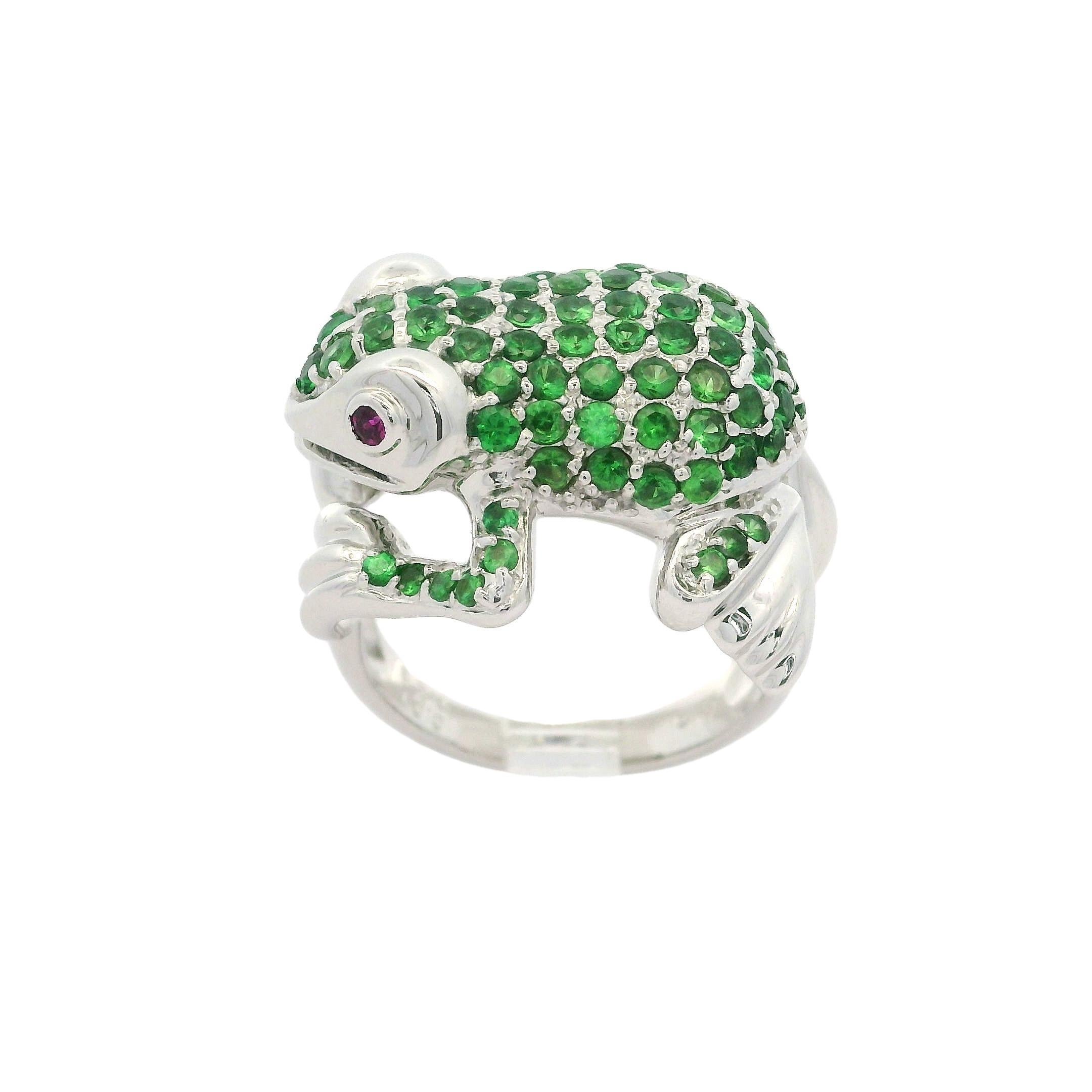 --Stone(s)--
Numerous Natural Genuine Tsavorites - Round Brilliant Cut - Pave Set - Vivid Lime Green Color - 1.43ctw (exact)
(2) Natural Genuine Rubies - Round Brilliant Cut - Bezel Set - Vivid Red Color - 0.07ctw (exact)
Total Carat Weight: 1.5