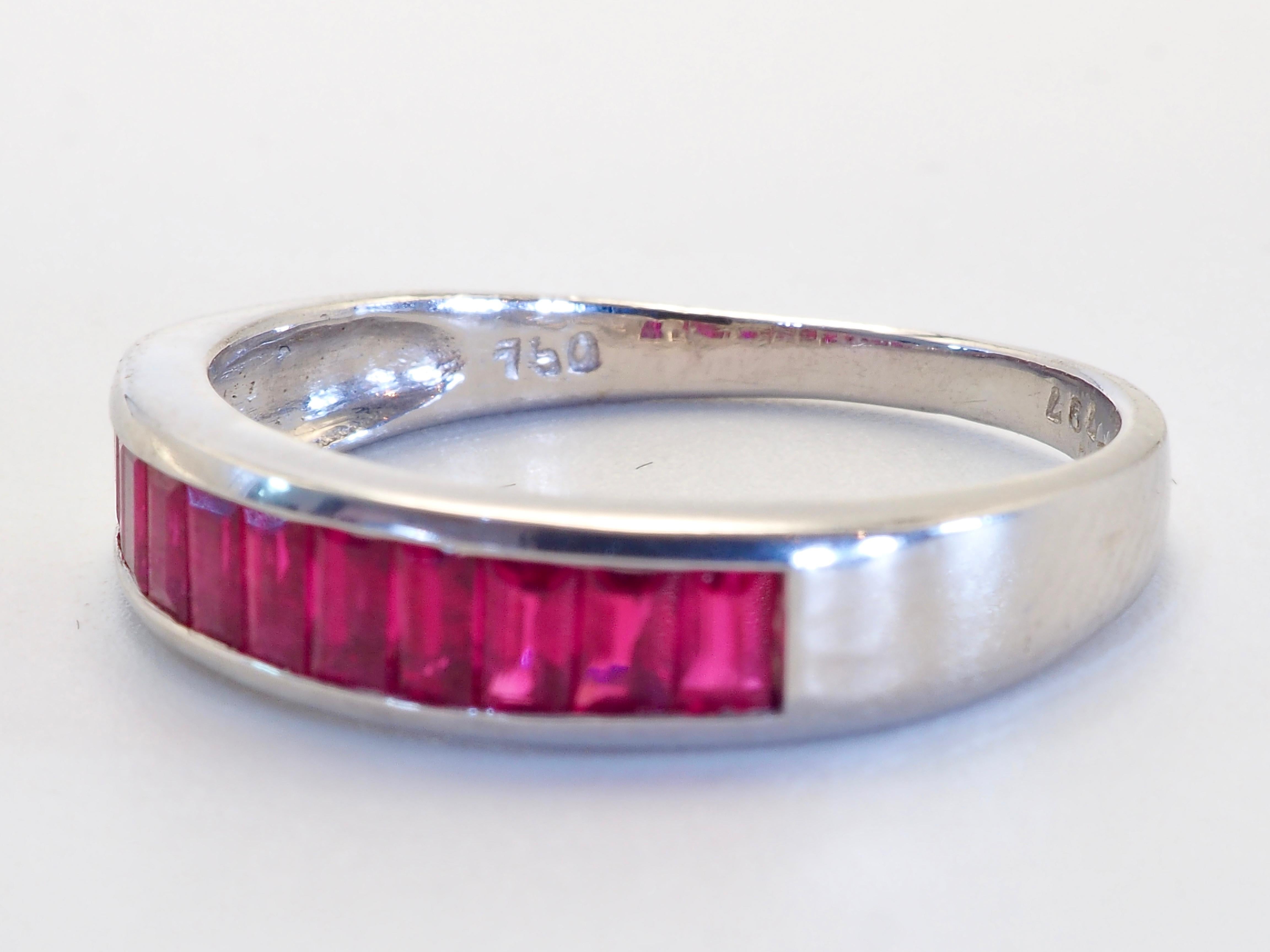 Baguette Cut 18K White Gold 1.60ct Baguette Ruby Band Ring For Sale