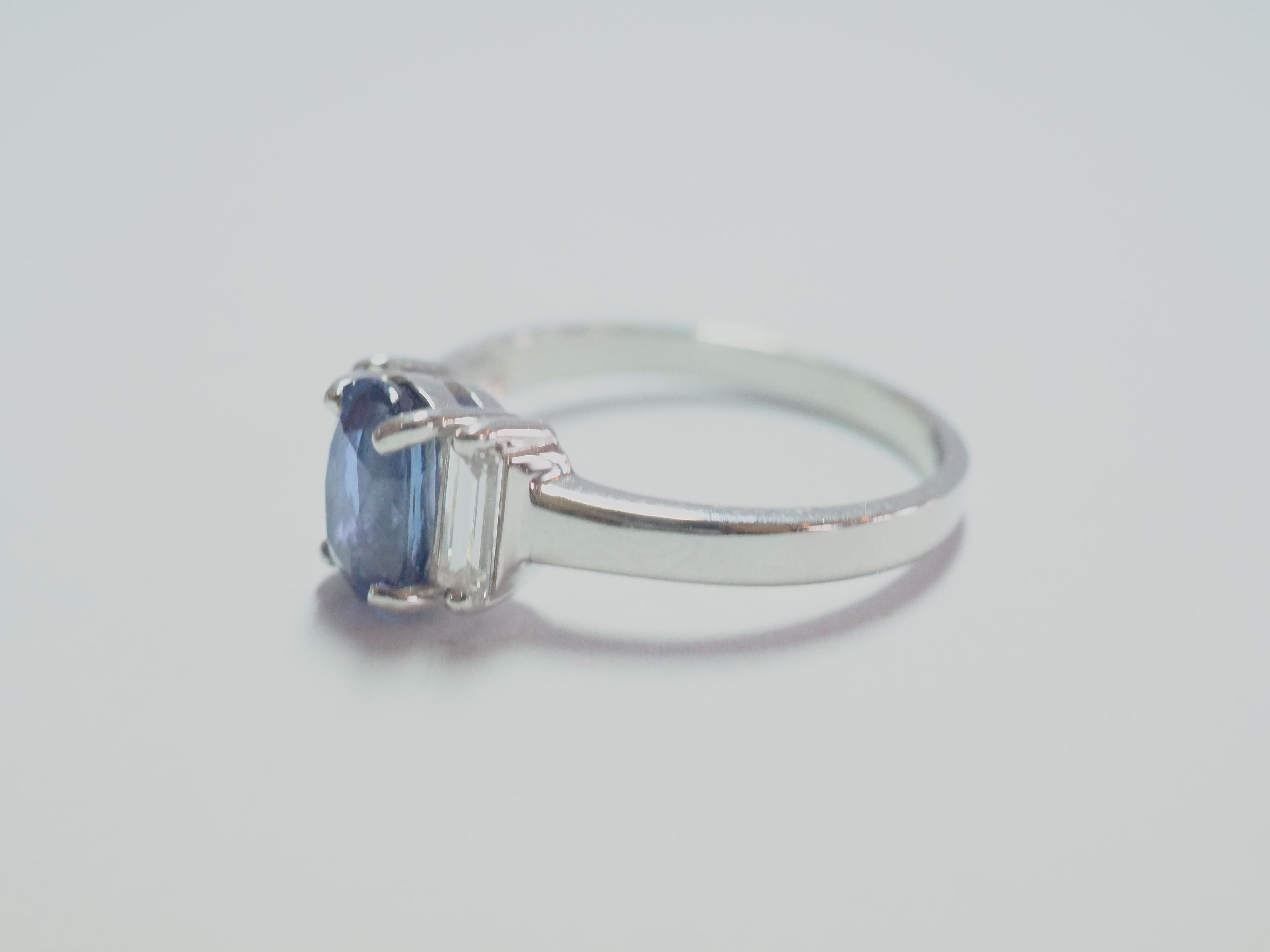 Oval Cut 18K White Gold 1.60ct Blue Sapphire & 0.40ct Baguette Diamond Engagement Ring For Sale