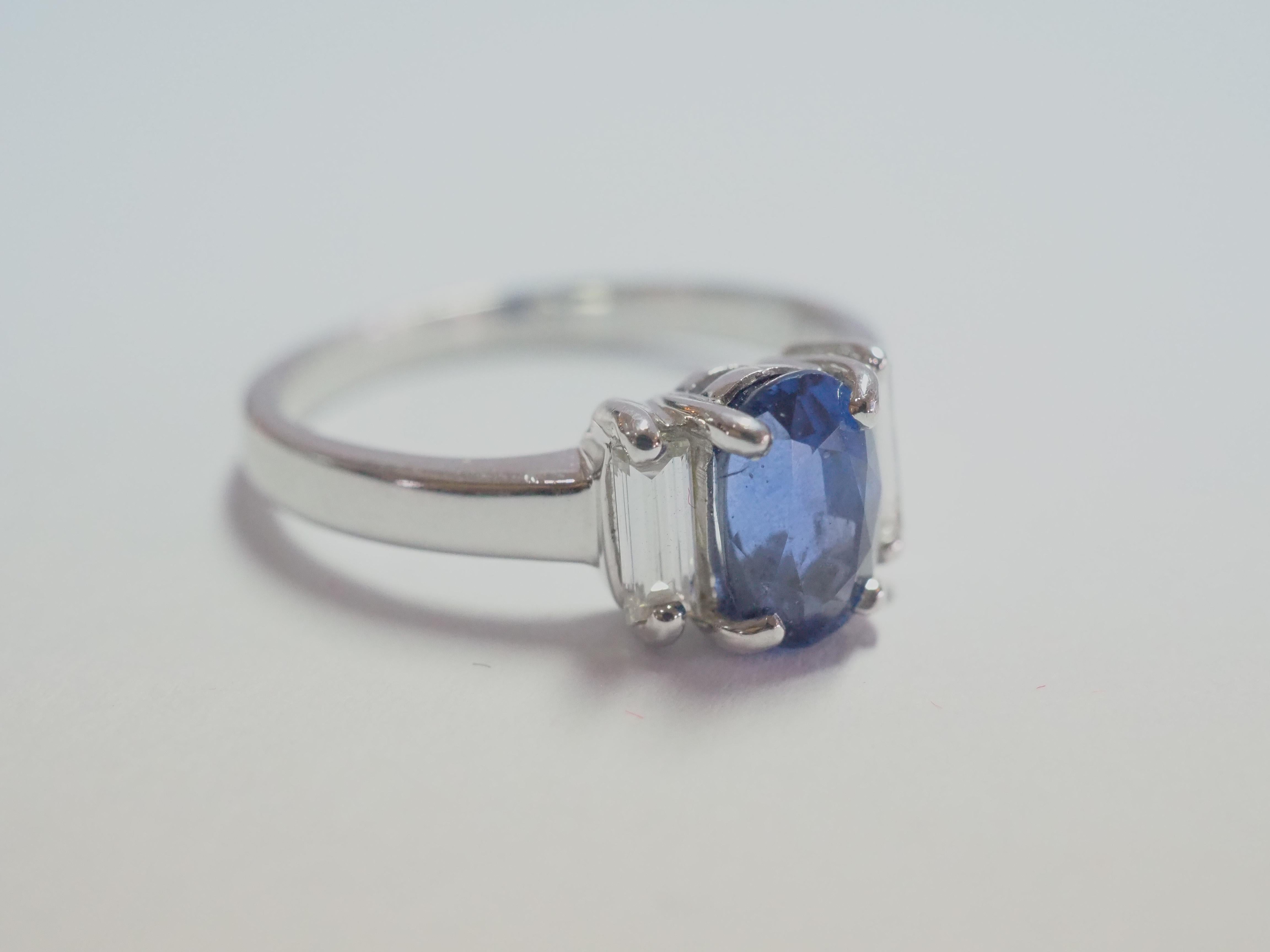 Women's 18K White Gold 1.60ct Blue Sapphire & 0.40ct Baguette Diamond Engagement Ring For Sale