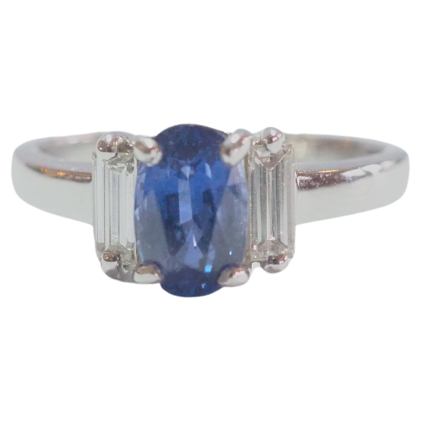 18K White Gold 1.60ct Blue Sapphire & 0.40ct Baguette Diamond Engagement Ring For Sale