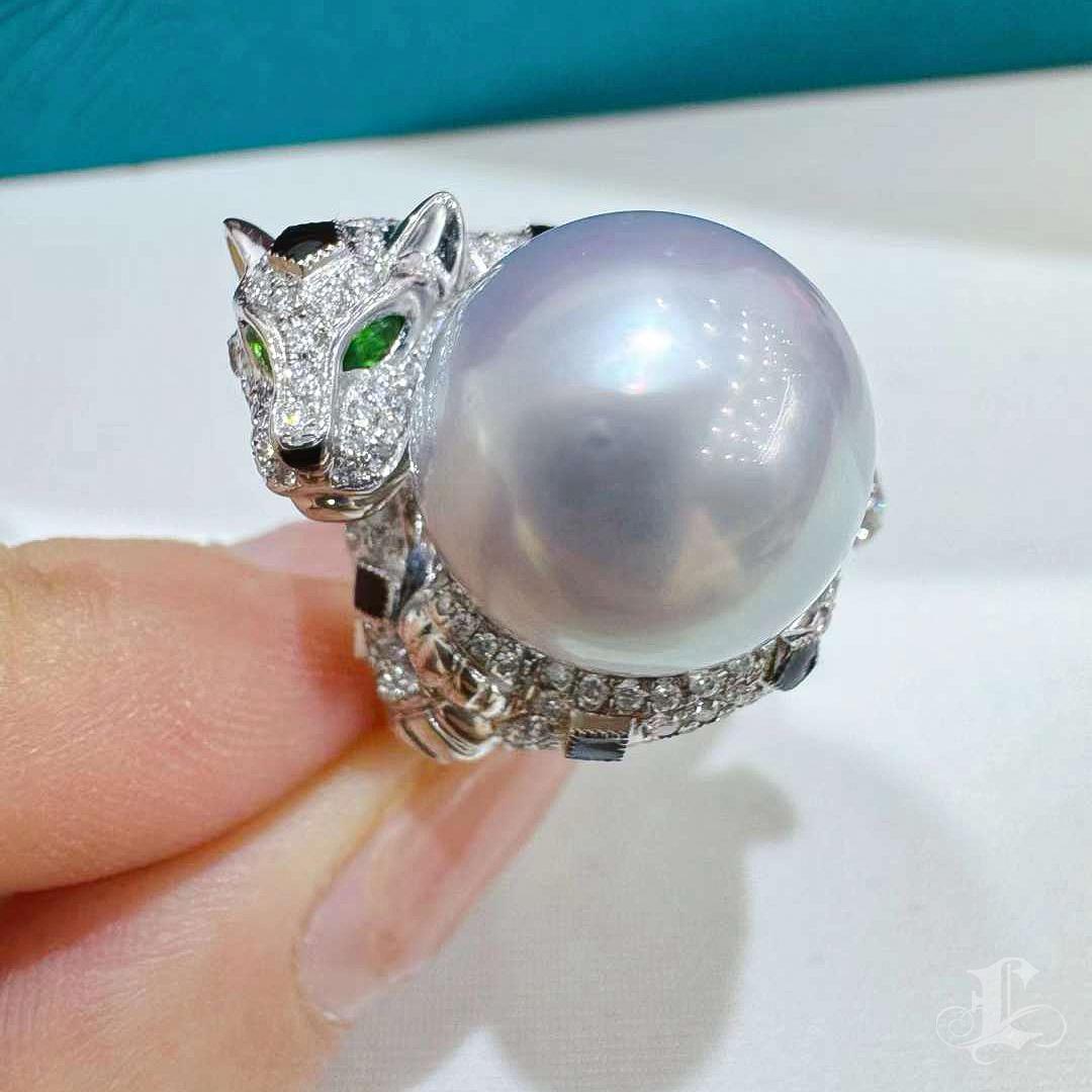 【Crown Radiance】Leopard Embrace Aurora South Sea Pearl Diamond Ring For Sale 5