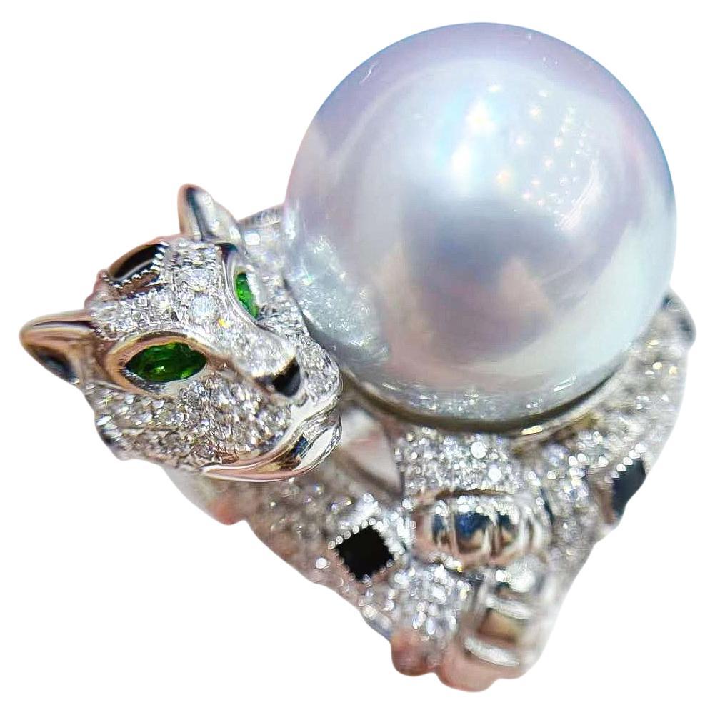 【Corona Radiante】Anillo de Diamantes con Perlas del Mar del Sur y Abrazo de Leopardo