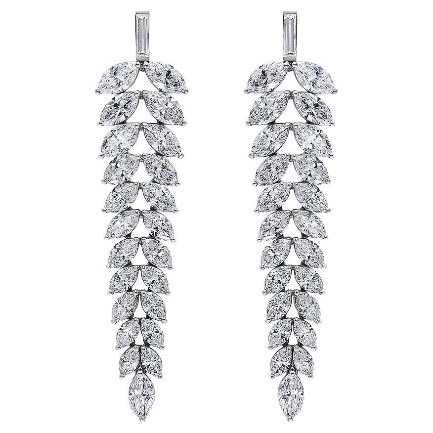 18K White Gold 16.0ct Diamond Leaf Shape Chandelier Drop & Dangle Omega Earrings