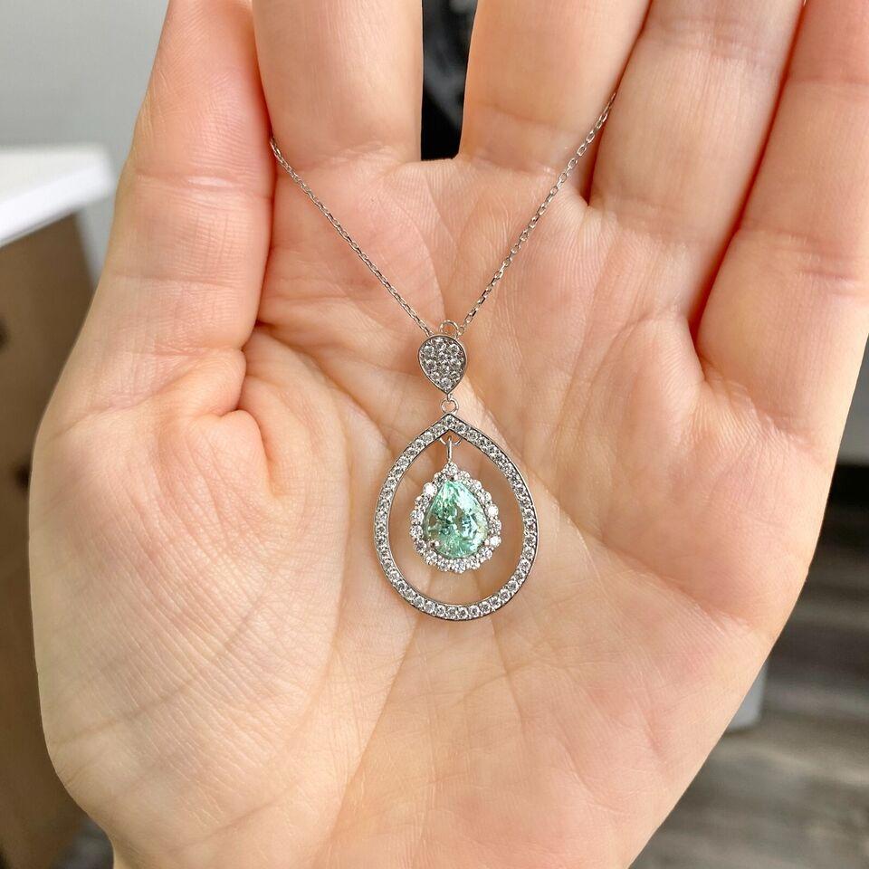 Contemporary 18K White Gold 1.62CT GIA PEAR SHAPED PARAIBA  Diamond Halo Pendant Necklace For Sale